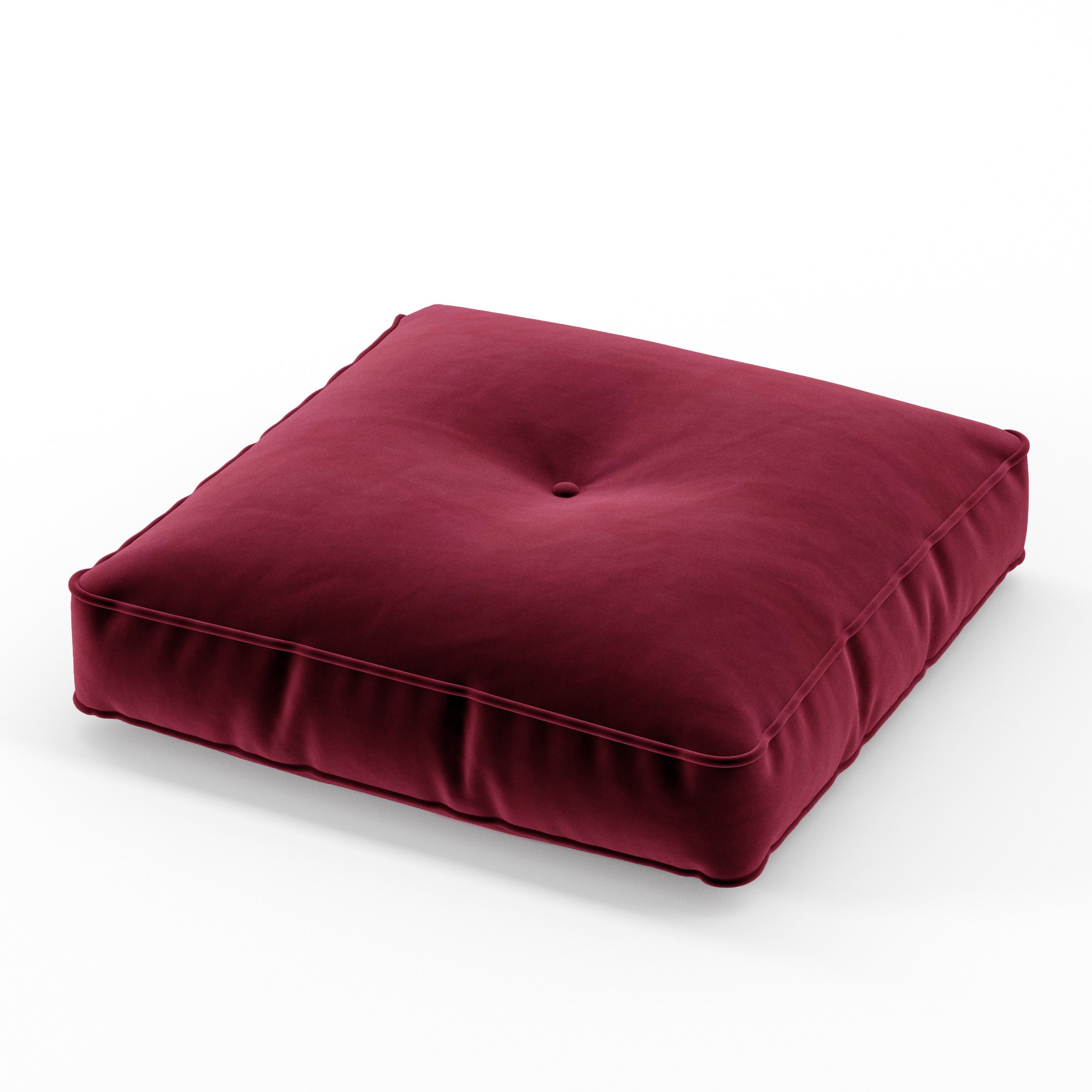 Base cushion in Noss Velvet Plum, square tufted cushion with border and piping in deep plum velvet with soft central tuft, size 50cm x 50cm x 8.75cm