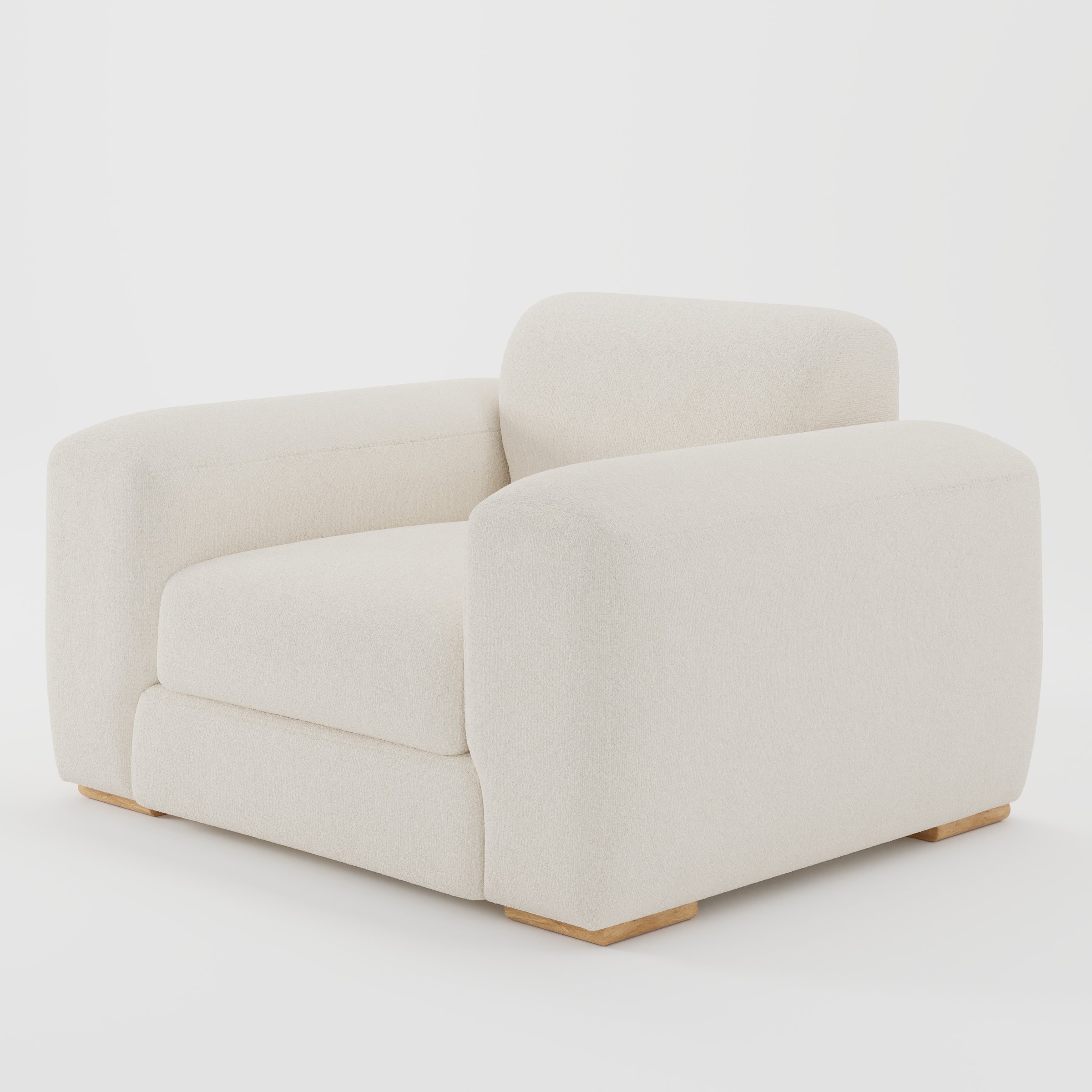 Darwell armchair in Kilda Boucle Cream shown at a diagonal angle highlighting arms and seat depth.