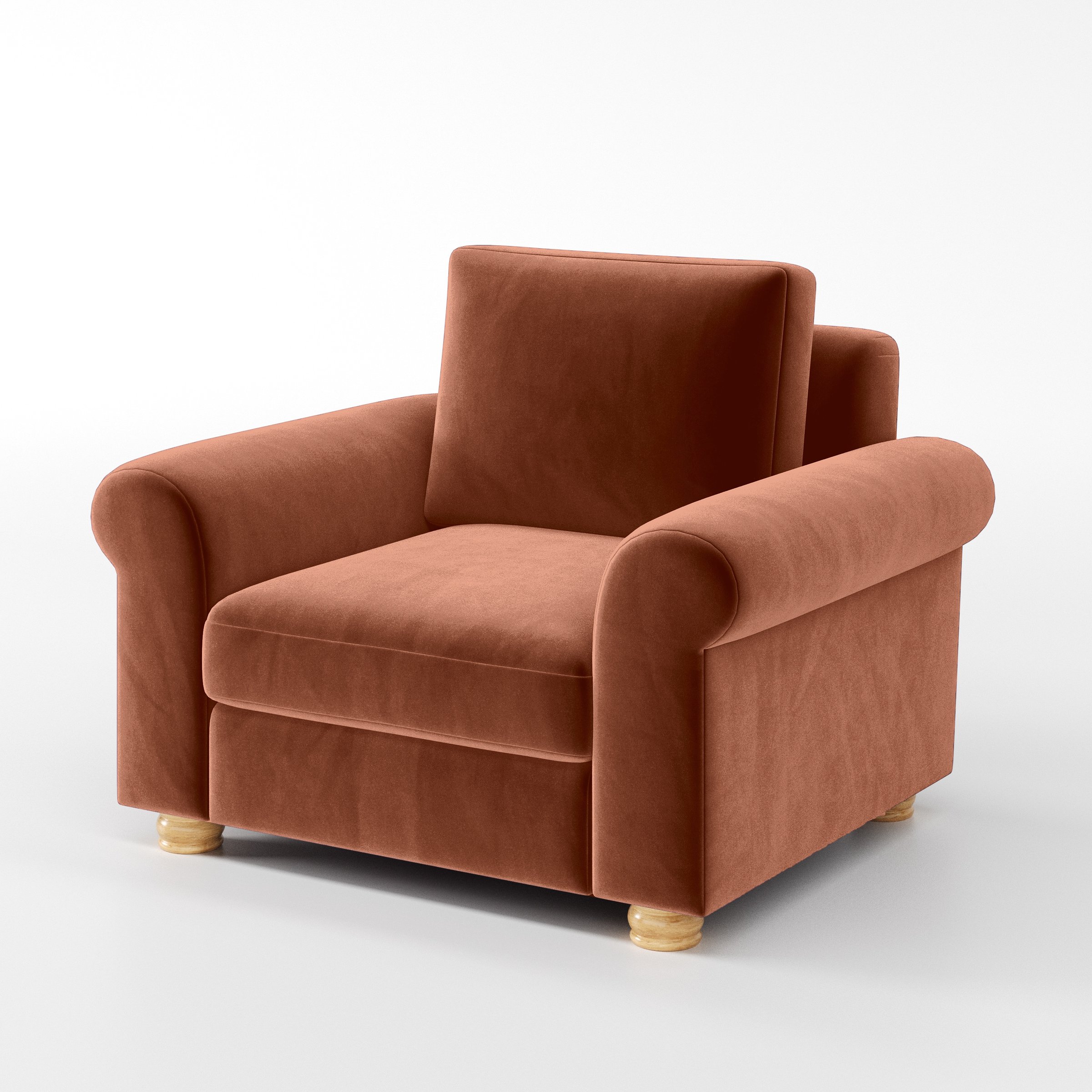 Diagonal view of the Anna Lee armchair upholstered in Plush EasyClean Velvet in Apricot.