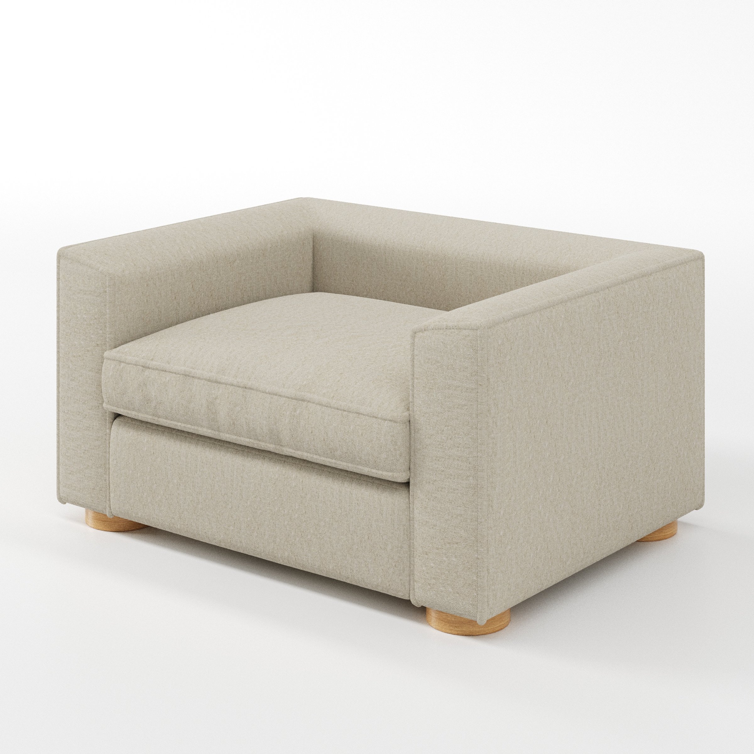 Feale armchair in Alderney Linen Oatmeal shown at a diagonal angle highlighting arms and seat depth.