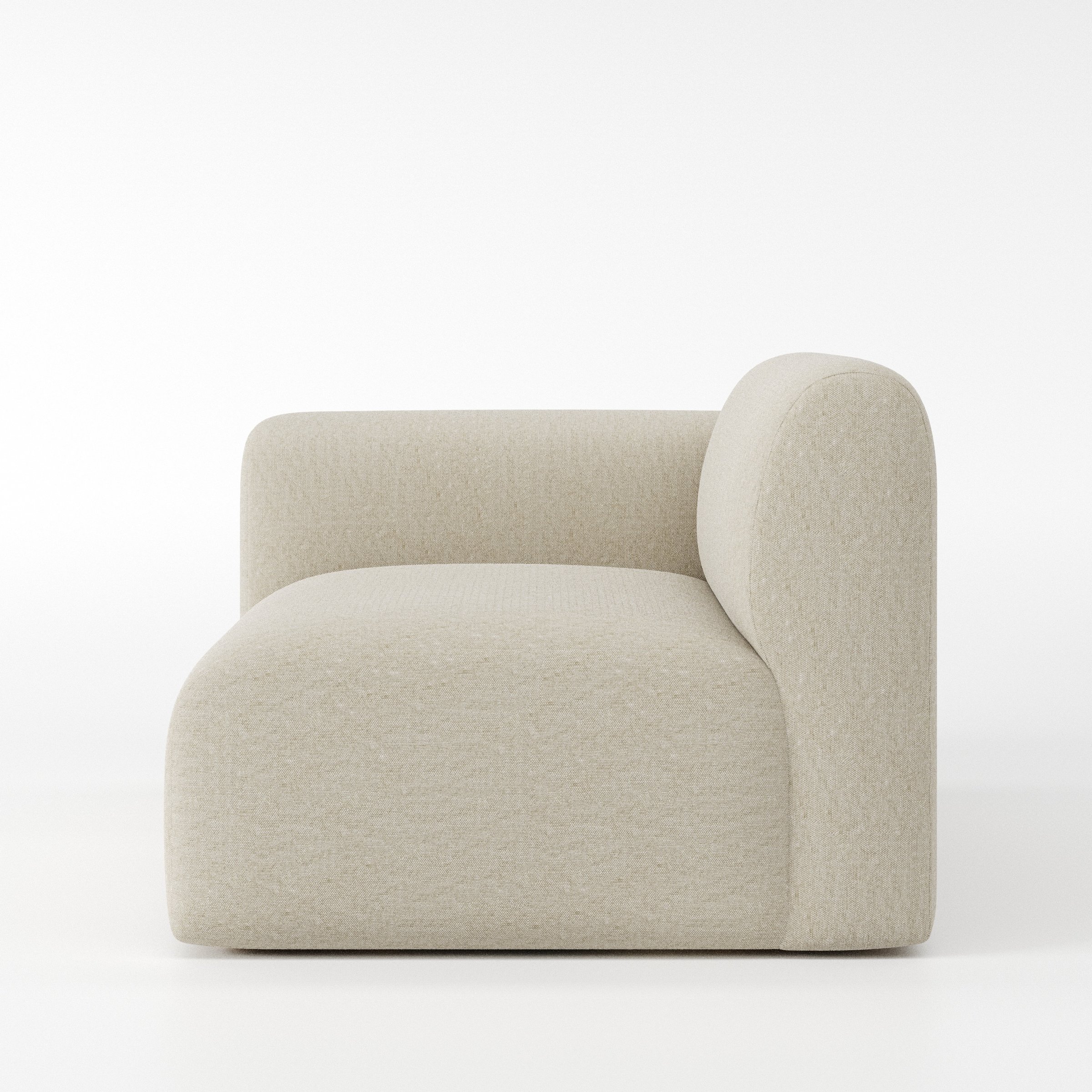 Drumquin modular sofa left side unit in Alderney Linen Oatmeal shown from the side showing the rounded left armrest and deep seat profile.