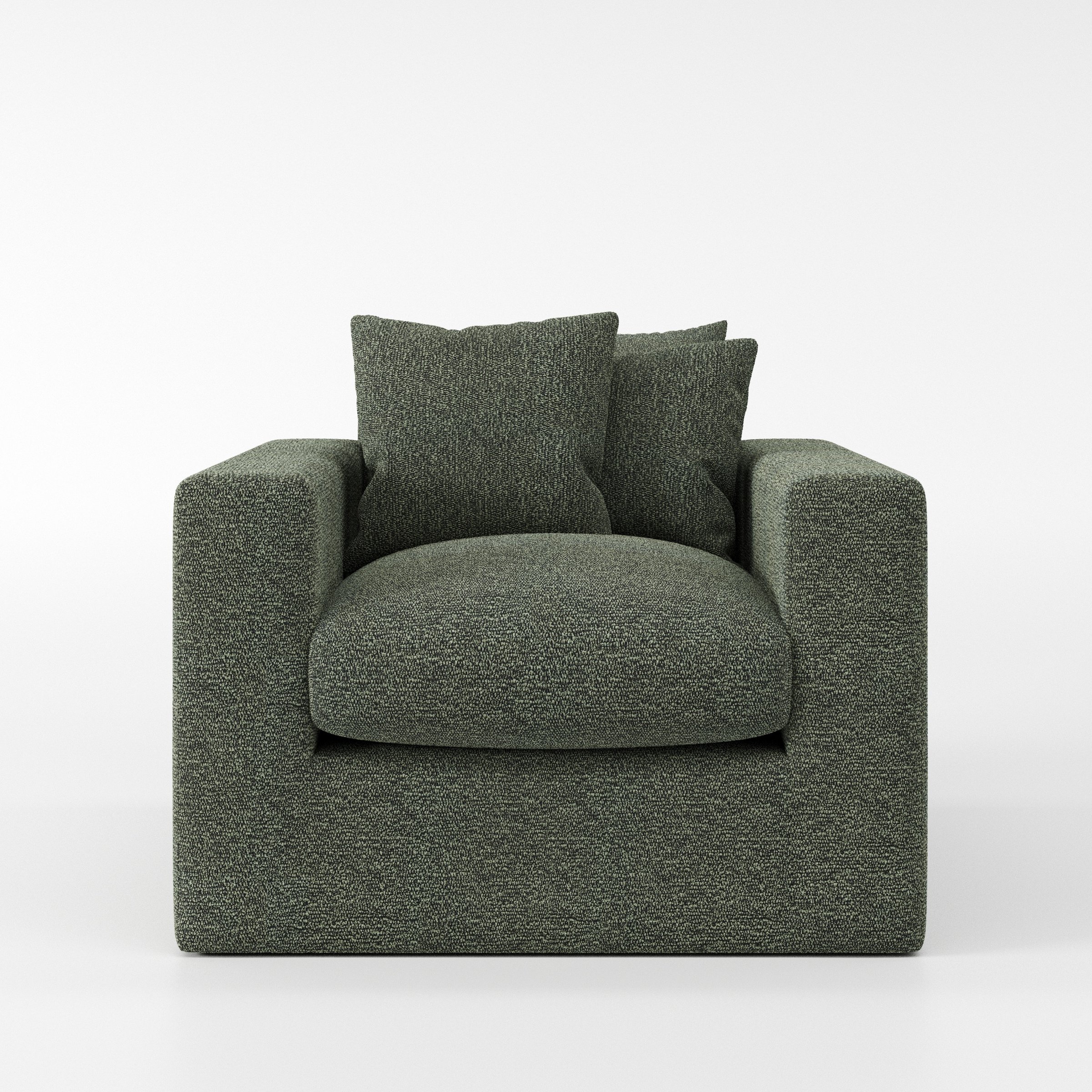 Coniston armchair in Kilda Boucle Moss shown front-on against a neutral studio backdrop.
