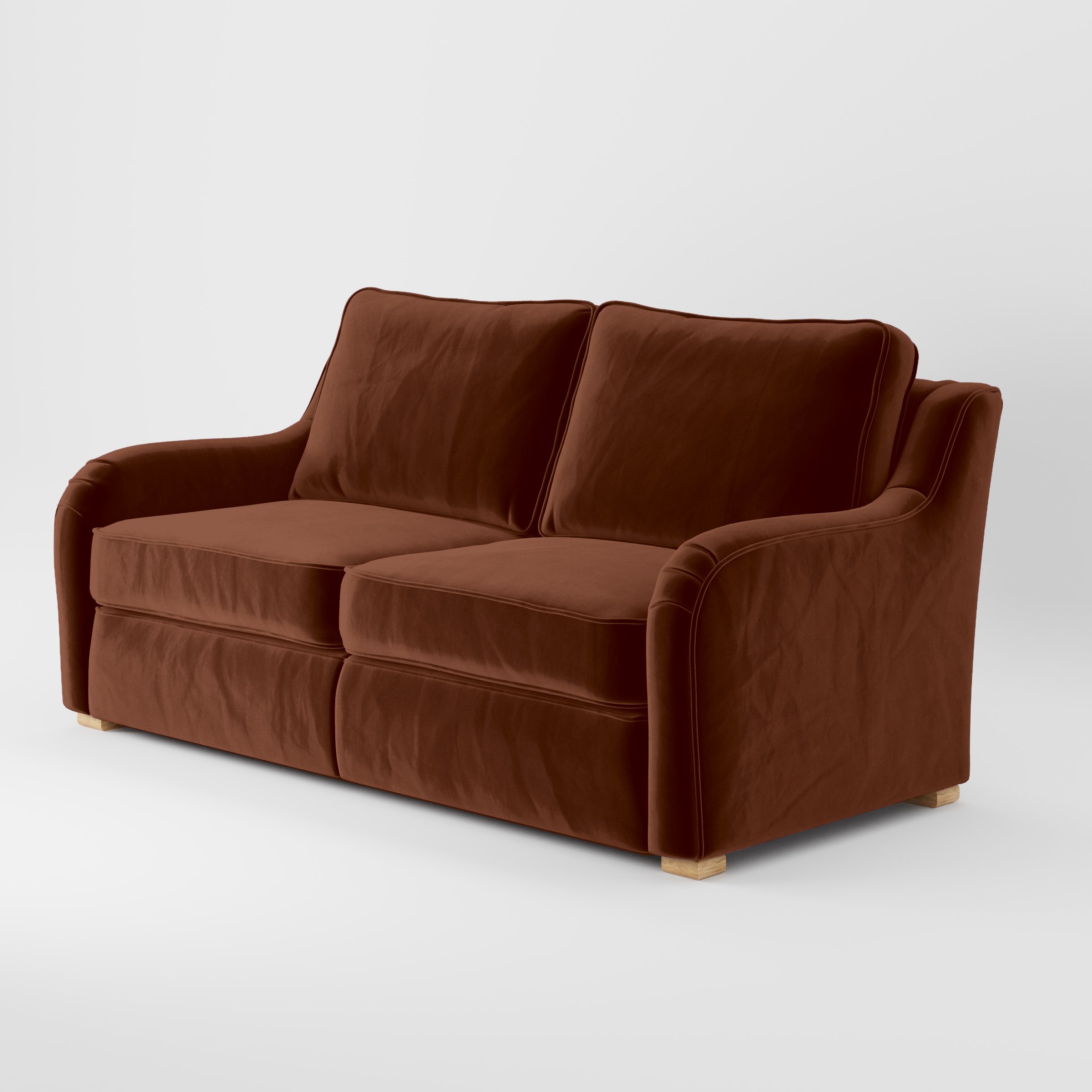Diagonal view of the Cashel sofa upholstered in Plush EasyClean Velvet in Maple.