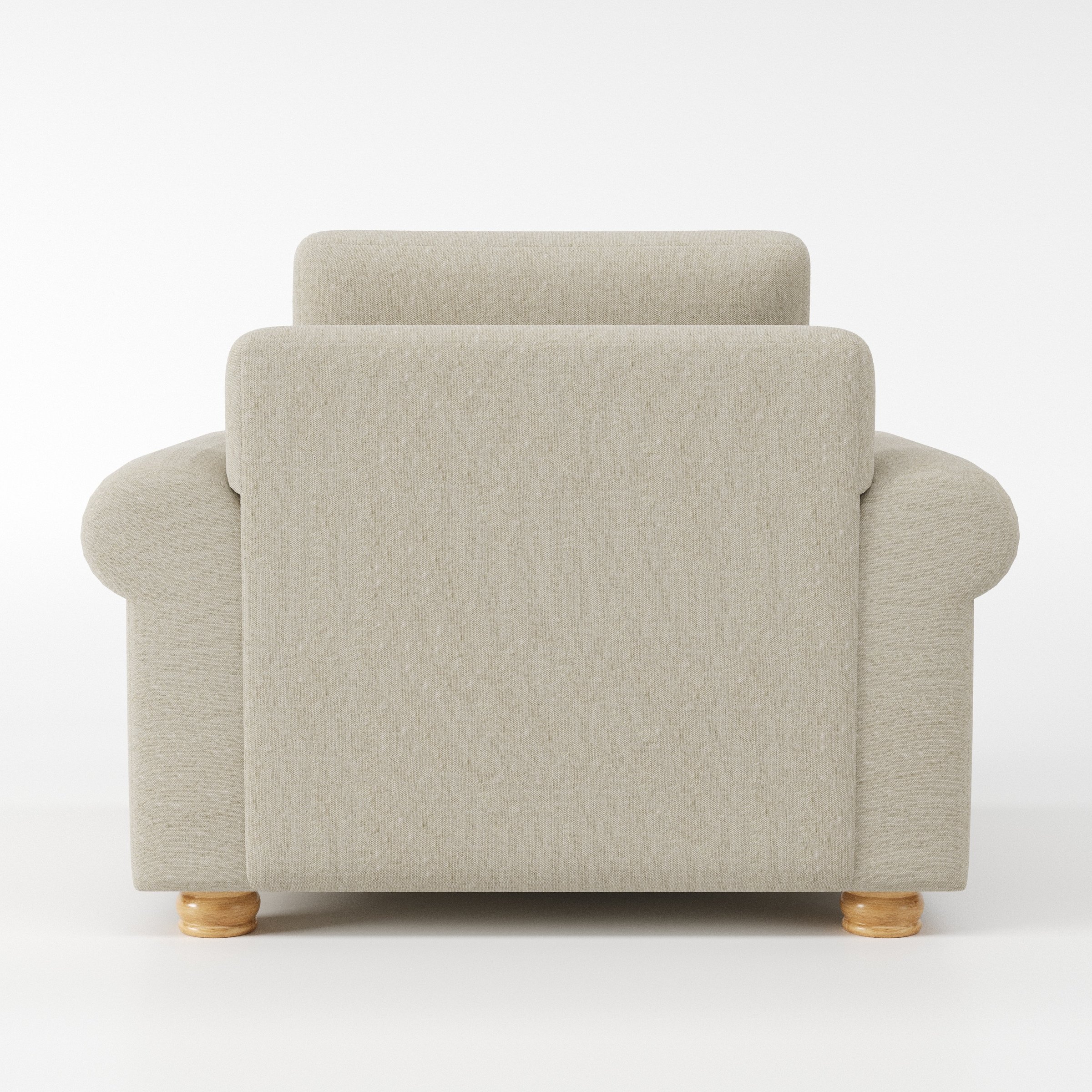 Anna Lee armchair in Alderney Linen Oatmeal shown from the rear highlighting backrest shape and upholstery finish.