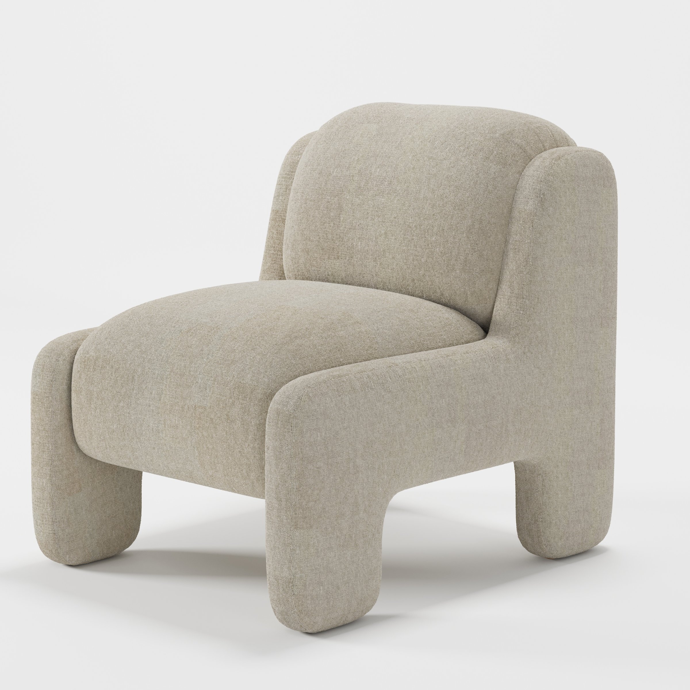 Inny armchair in Alderney Linen Oatmeal shown at a diagonal angle highlighting sculpted form and low seat.