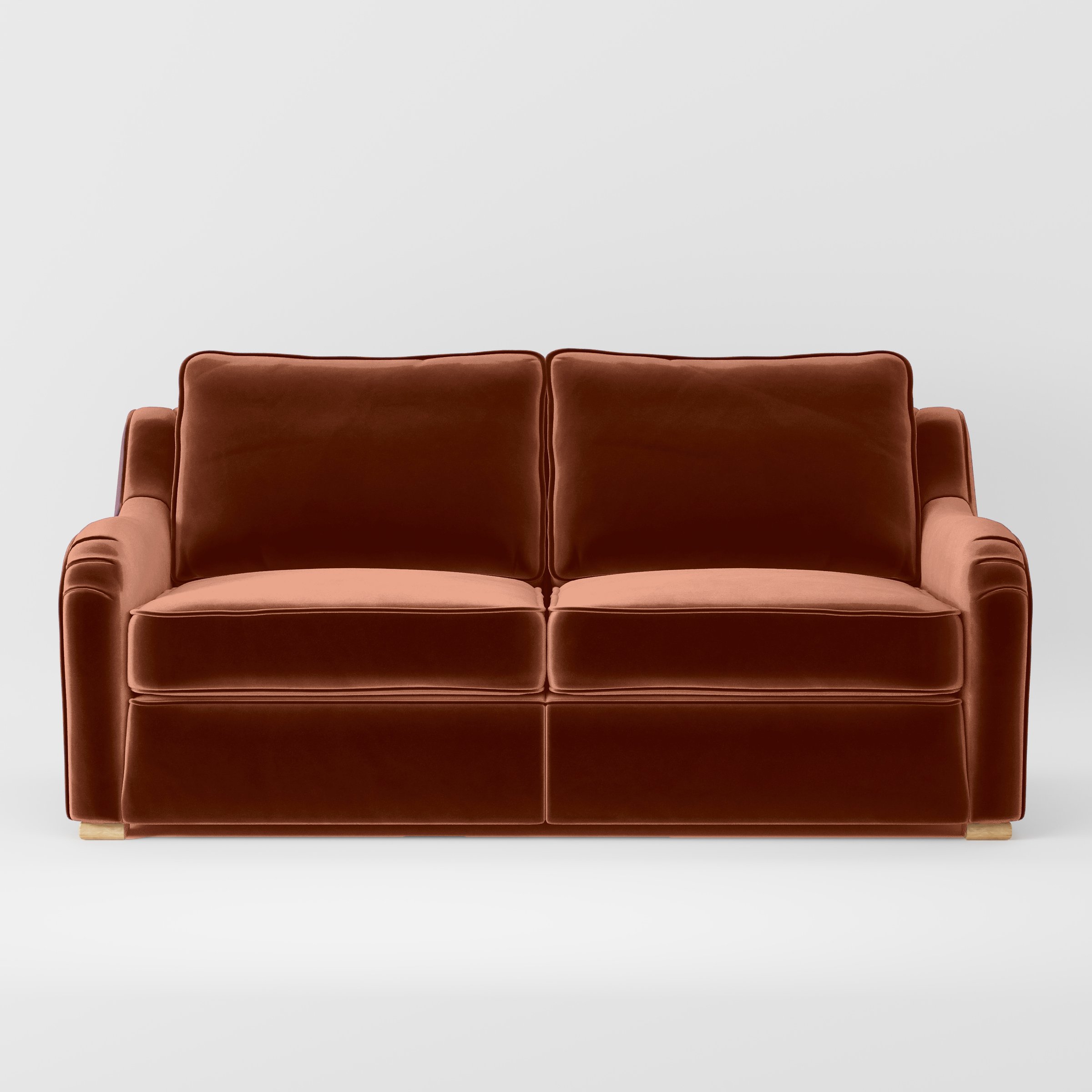 Front view of the Cashel sofa upholstered in Plush EasyClean Velvet in Apricot.