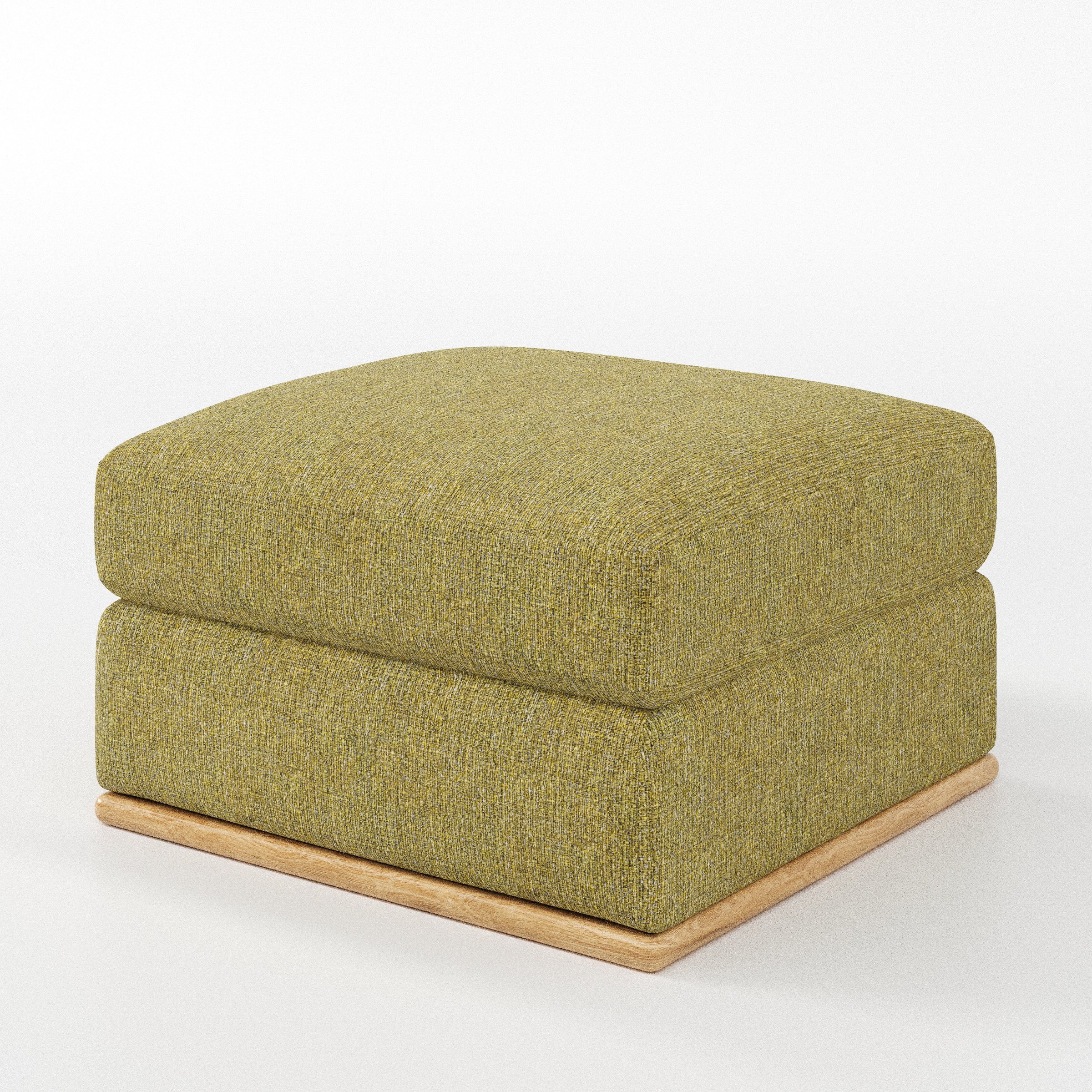 Cusher footstool in Heyling Tweed Sencha shown at a diagonal angle highlighting structured form and wooden plinth base.