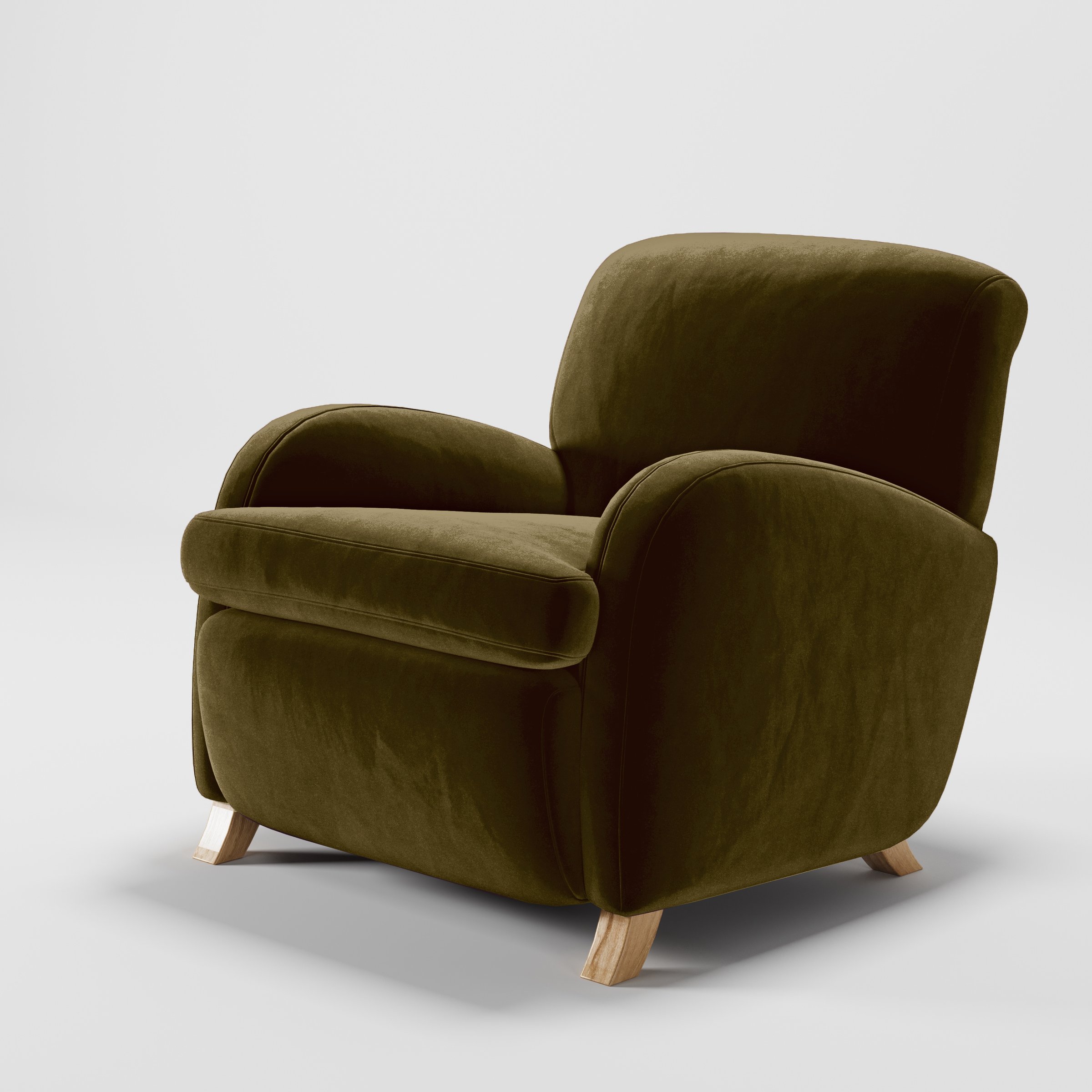 Diagonal view of the Rye armchair upholstered in Plush EasyClean Velvet in Cedar.