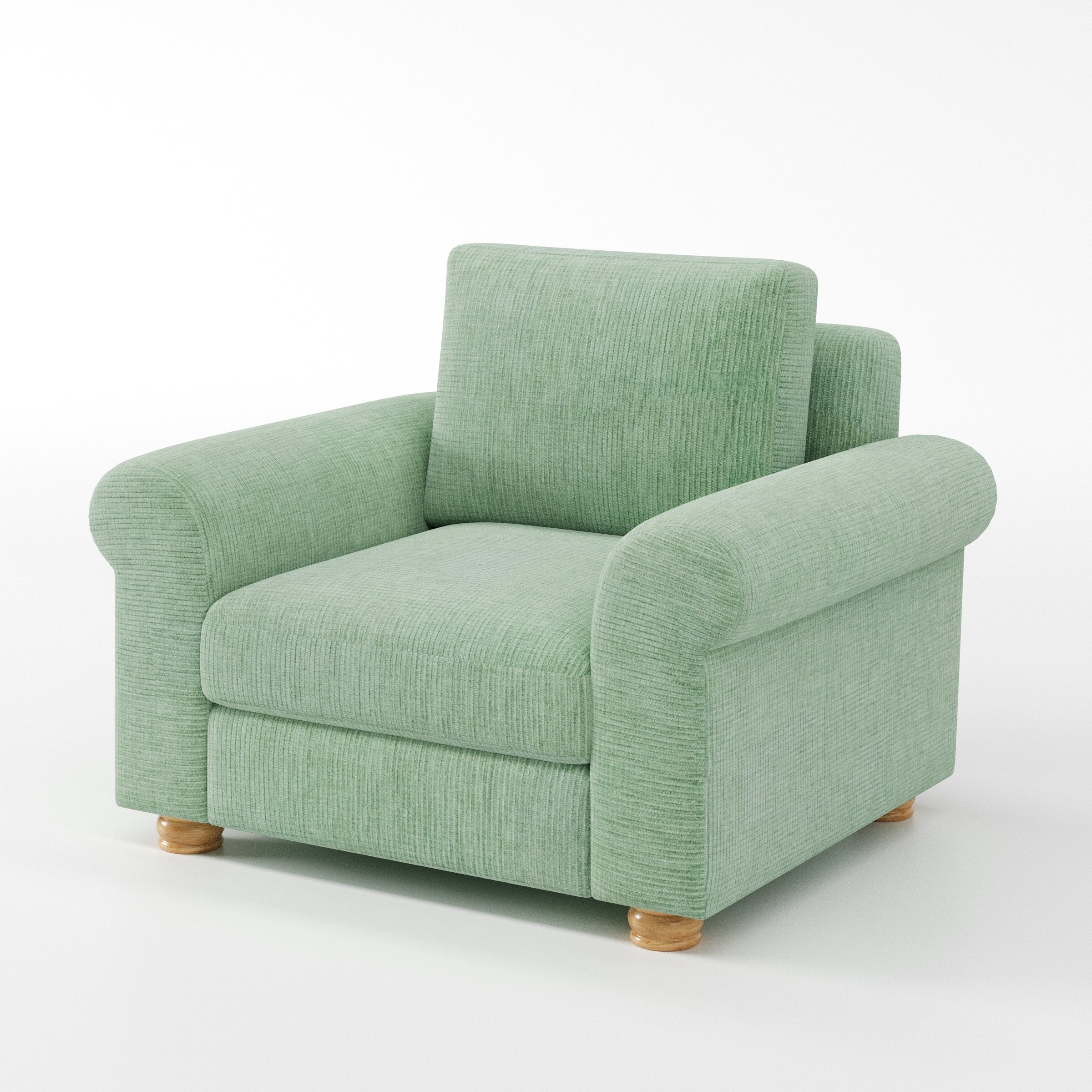 Anna Lee armchair in Caldey Velvet Corduroy Eucalyptus shown at a diagonal angle highlighting arms and seat depth.
