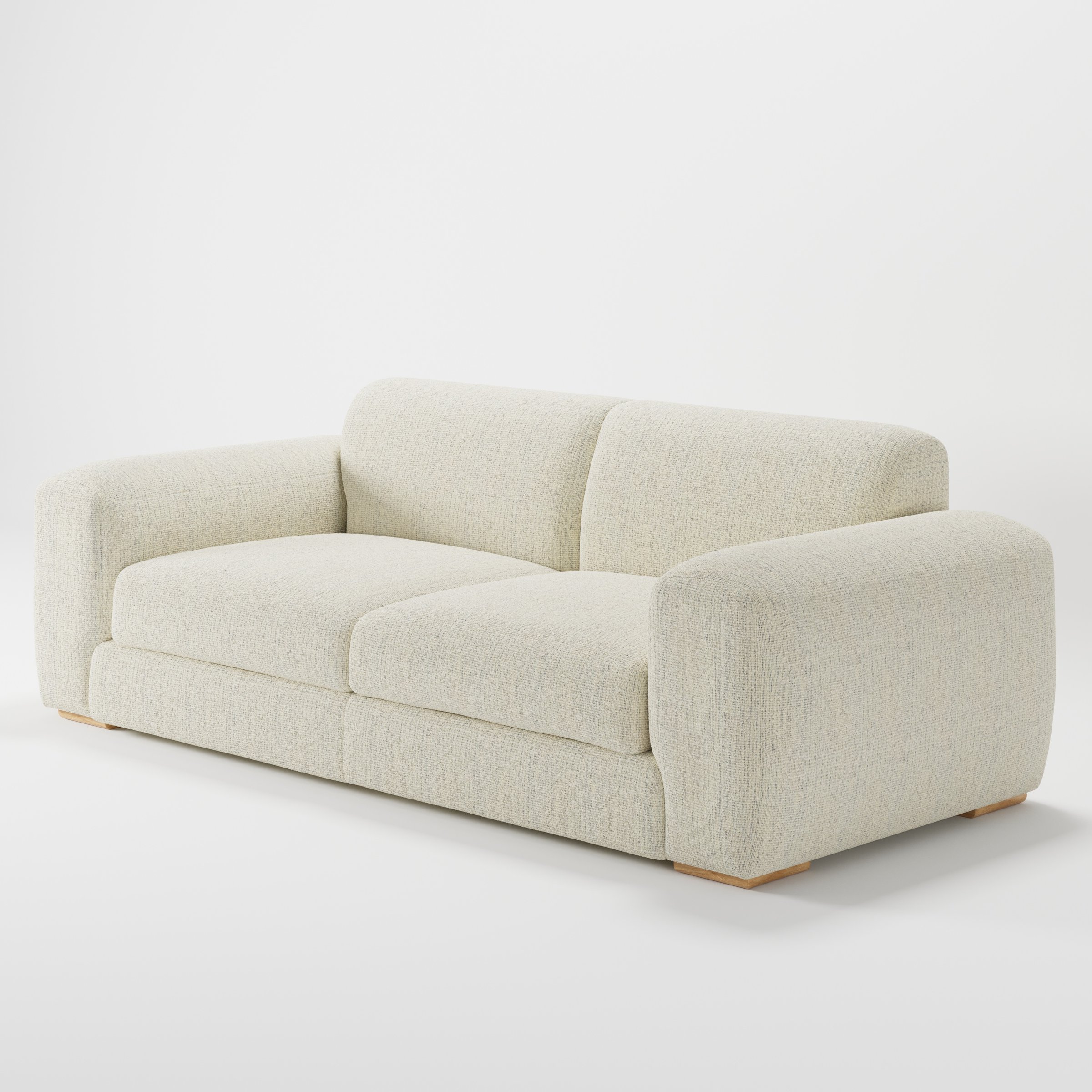 Darwell sofa in Orsay Boucle Cream and Marine shown at a diagonal angle highlighting arm profile and seat depth.