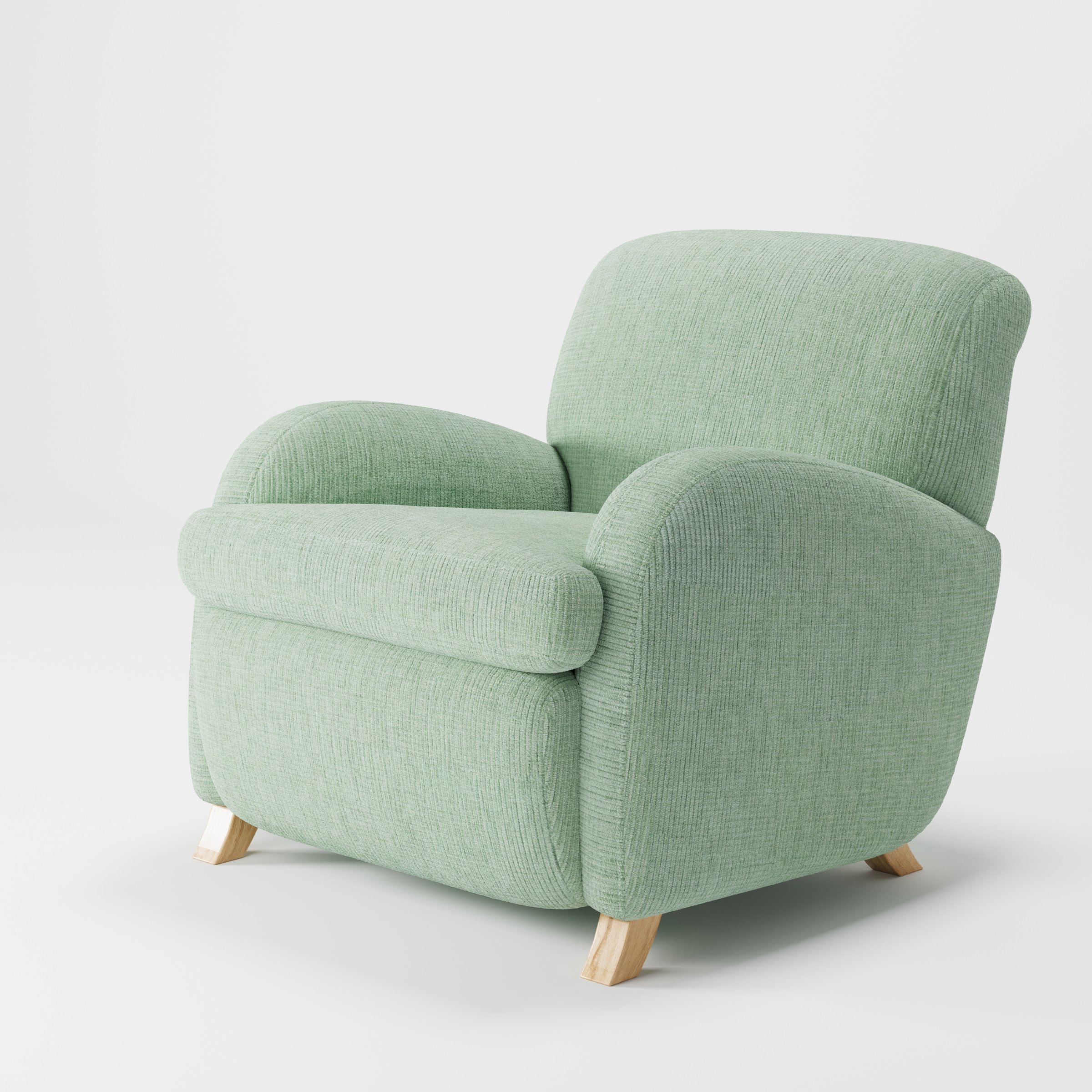 Rye armchair in Caldey Velvet Corduroy Eucalyptus shown at a diagonal angle highlighting arms and seat depth.