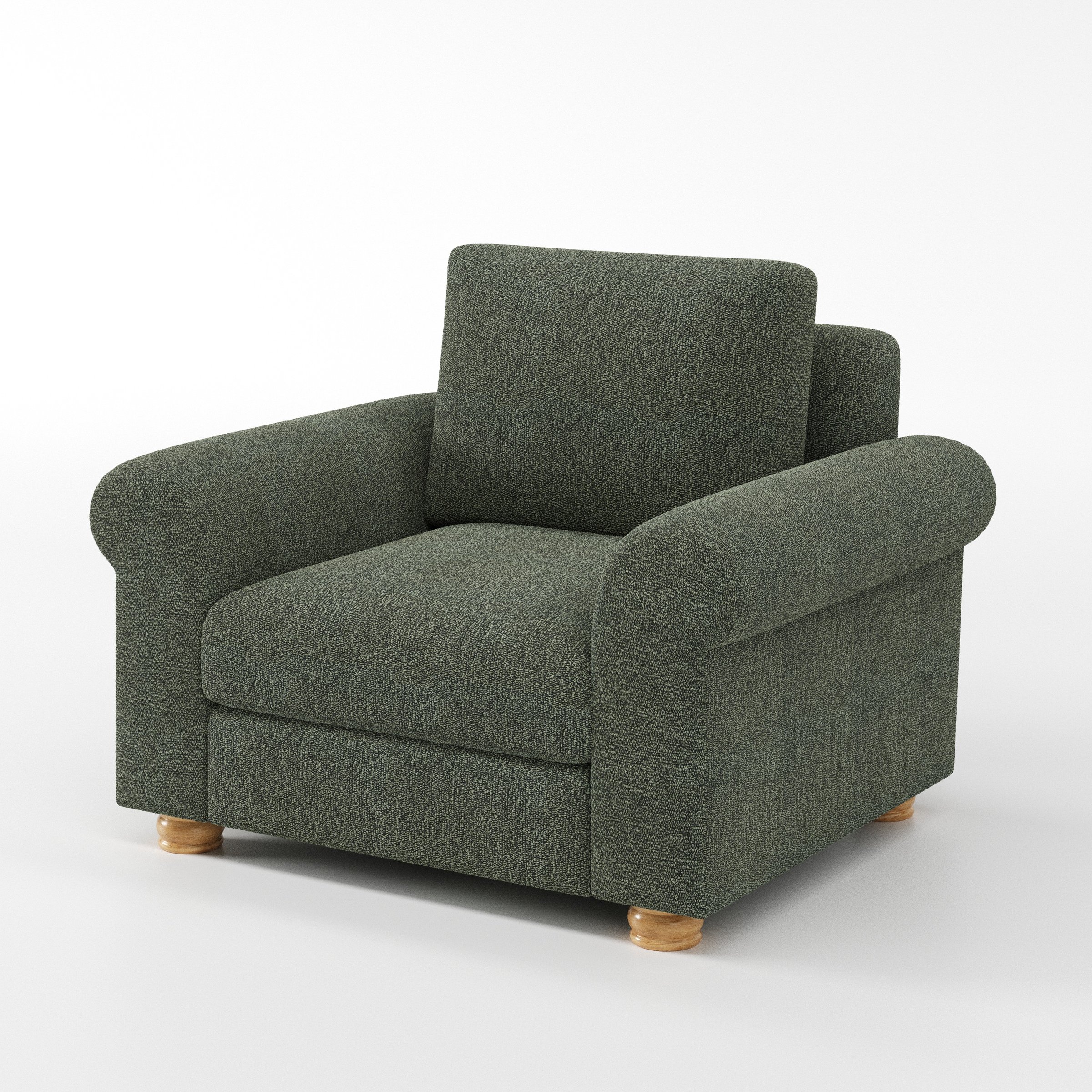 Anna Lee armchair in Kilda Boucle Moss shown at a diagonal angle highlighting arms and seat depth.