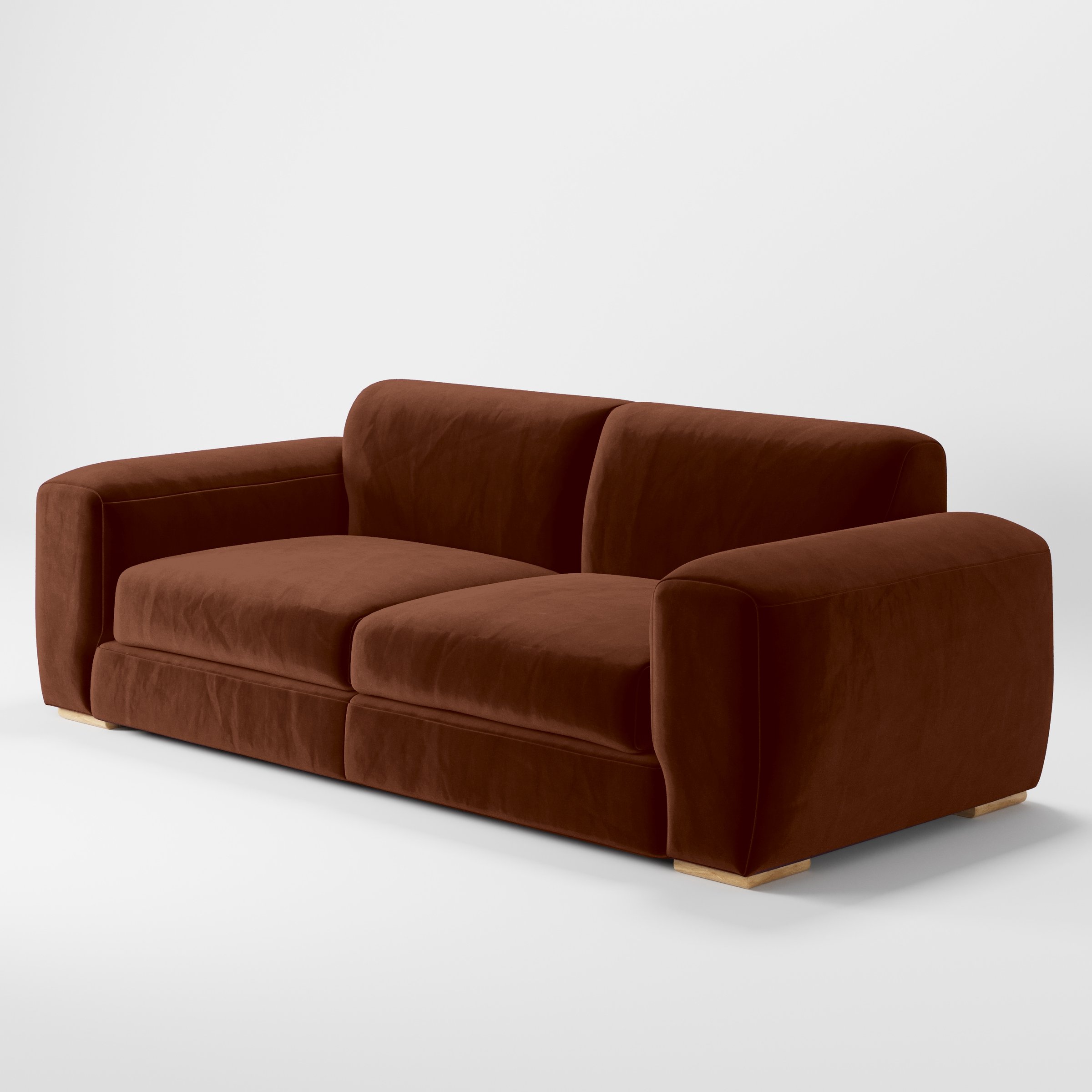 Diagonal view of the Darwell sofa upholstered in Plush EasyClean Velvet in Maple.