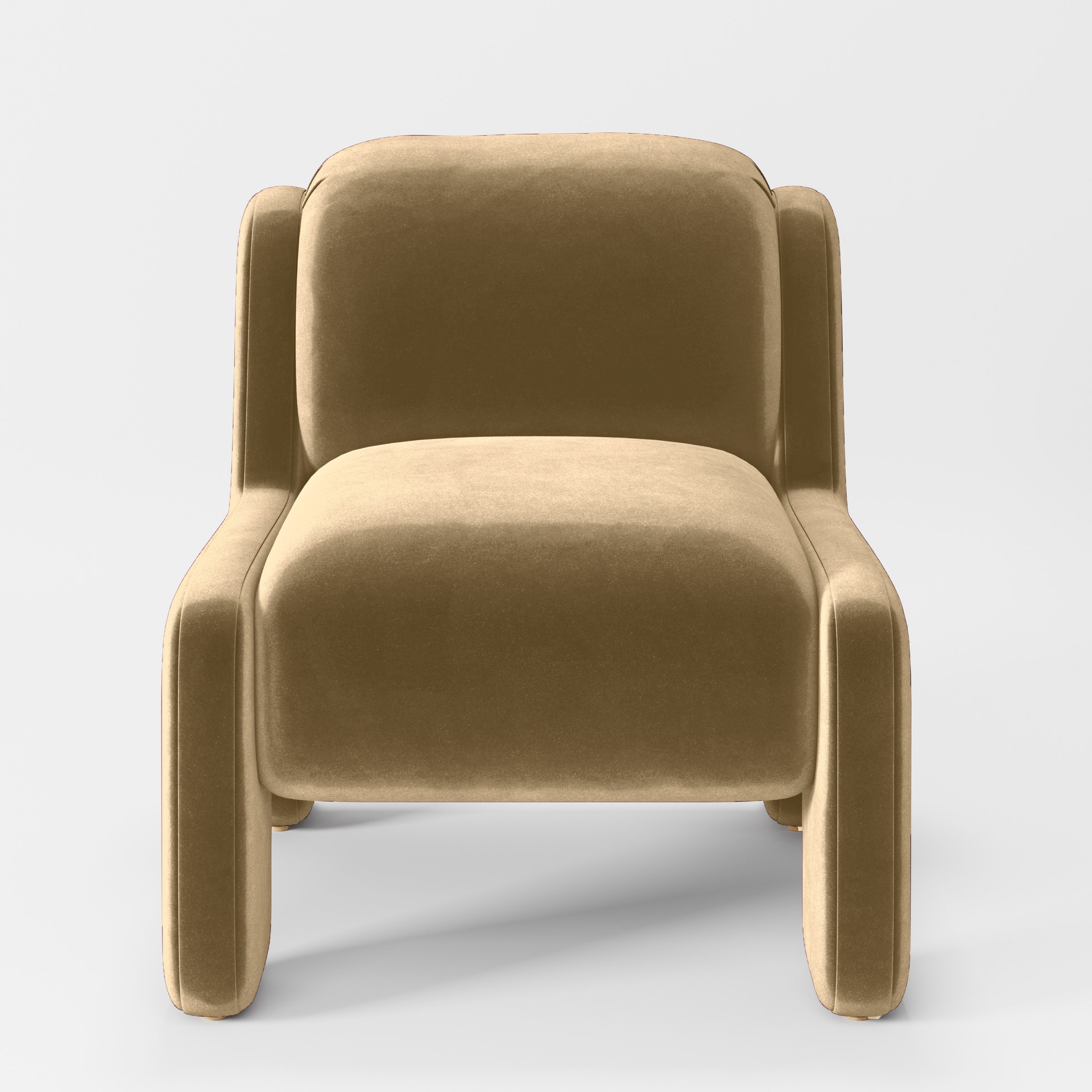 Front view of the Inny armchair upholstered in Plush EasyClean Velvet in Cafe.