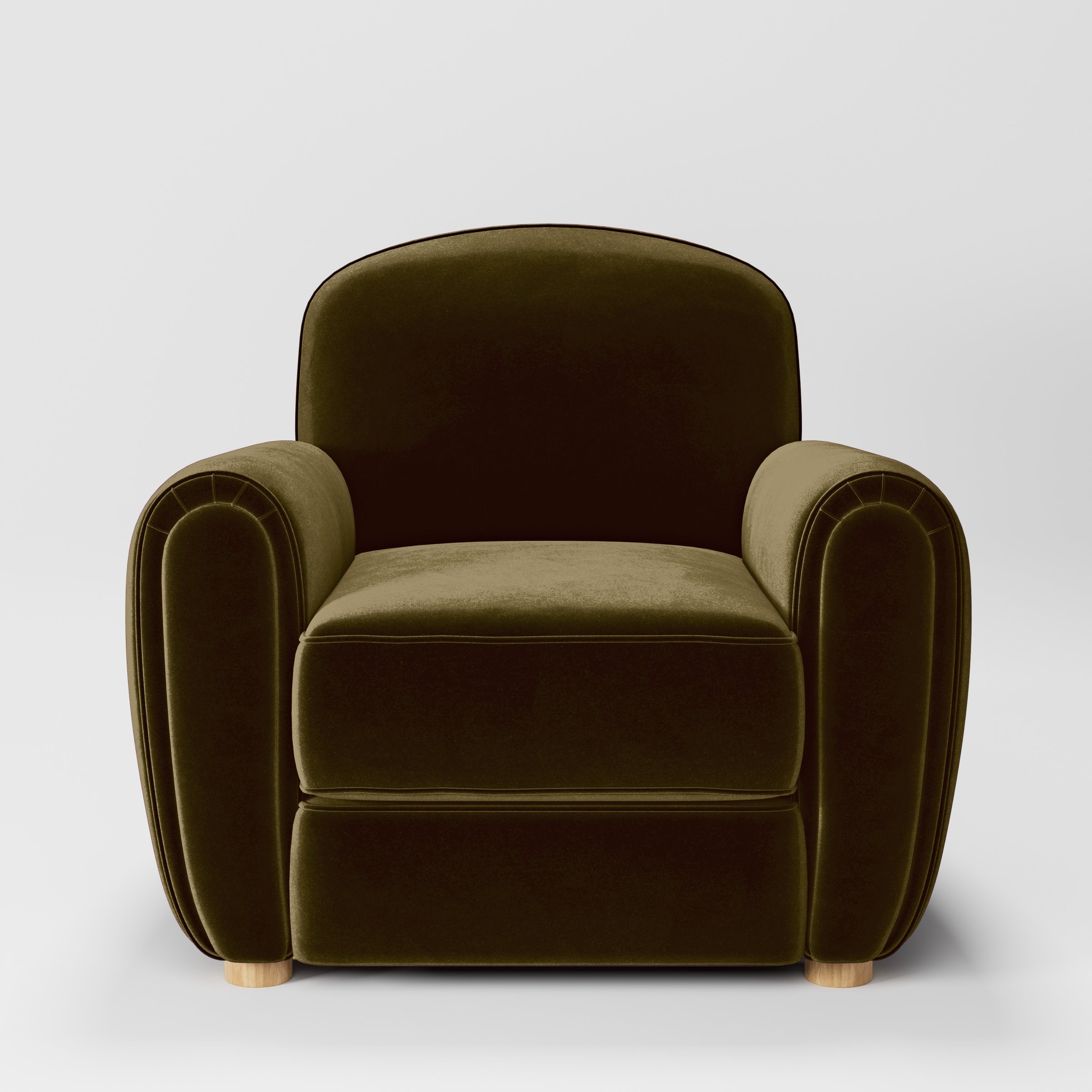 Front view of the Fergus armchair upholstered in Plush EasyClean Velvet in Cedar.