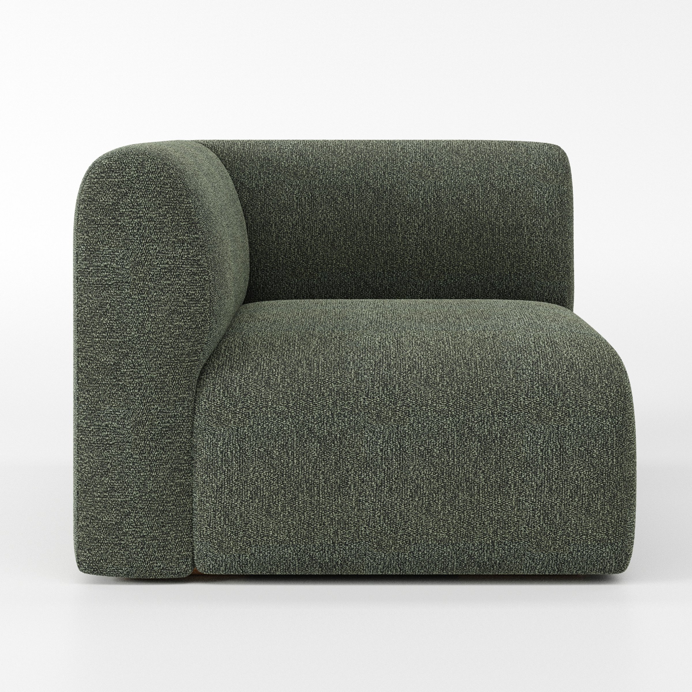 Drumquin modular sofa corner unit in Kilda Bouclé Moss shown from the left highlighting the wraparound back and soft, sculpted form.