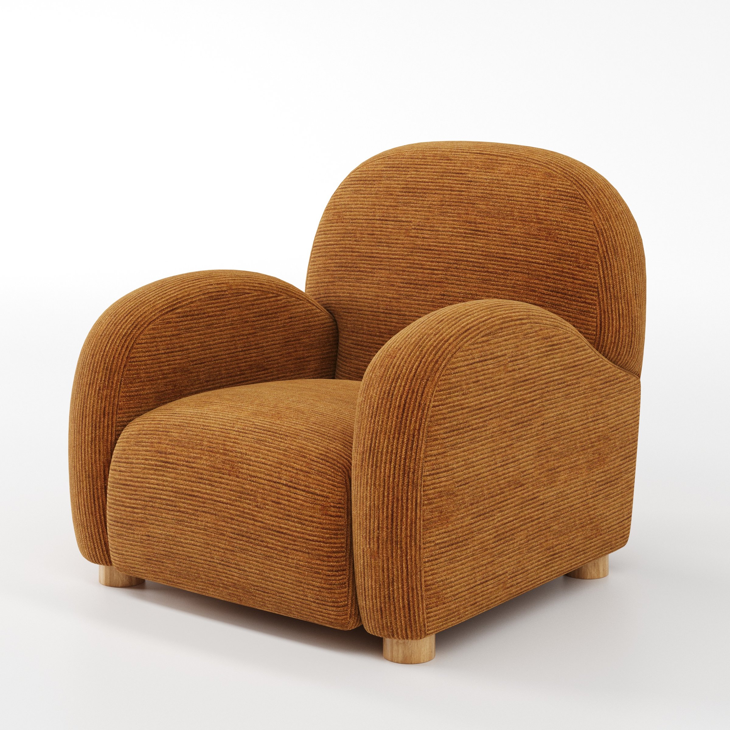 Awe armchair in Caldey Velvet Corduroy Tobacco shown at a diagonal angle highlighting arms and seat depth.
