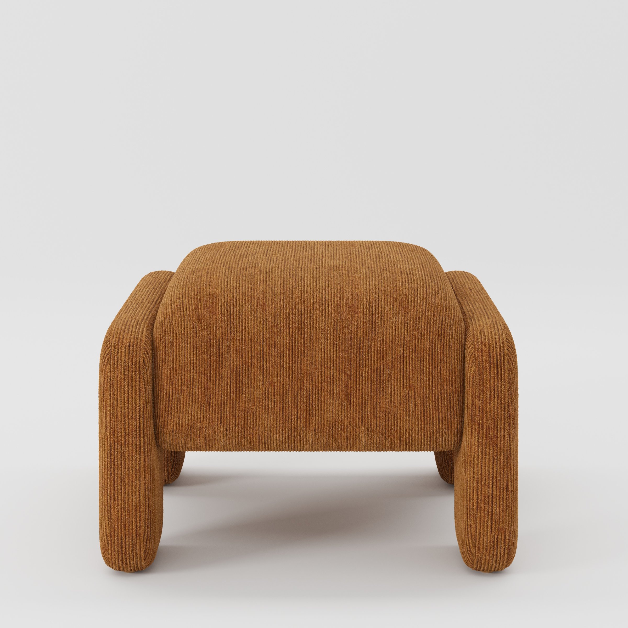 Inny footstool in Caldey velvet corduroy tobacco fabric, front view showing rounded upholstered form and ribbed texture