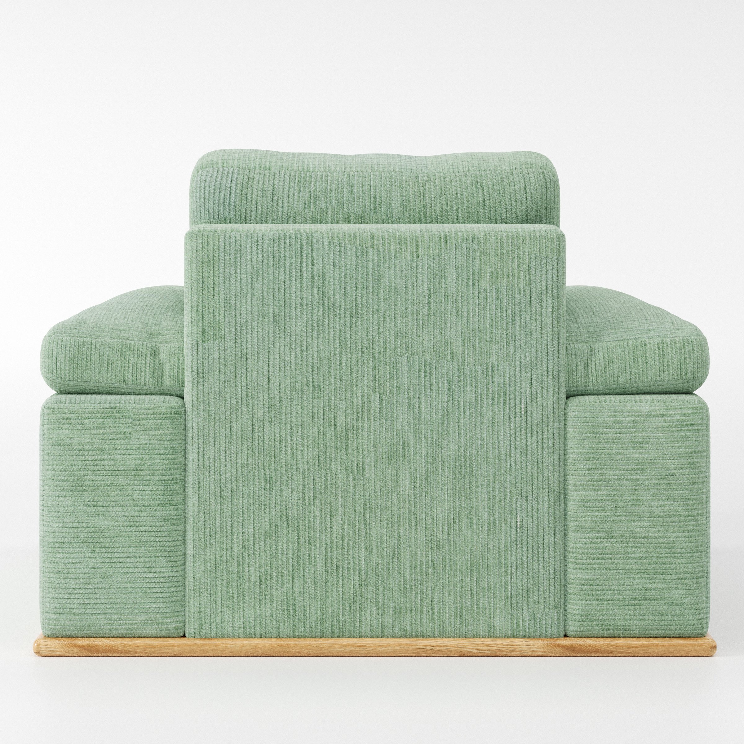 Cusher armchair in Caldey Velvet Corduroy Eucalyptus shown from the rear highlighting backrest shape and upholstery finish.