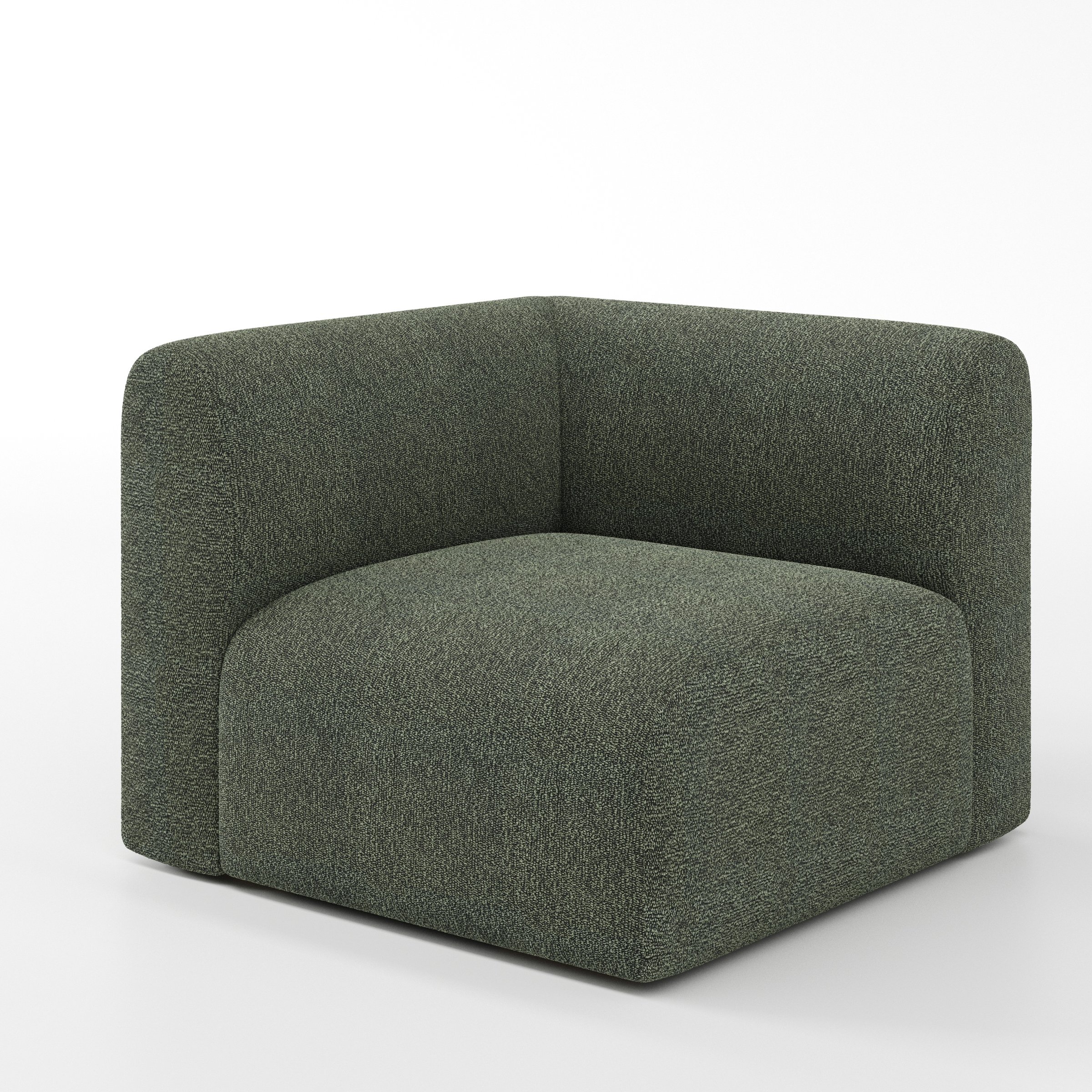 Drumquin modular sofa corner unit in Kilda Bouclé Moss shown at a diagonal angle highlighting the curved corner backrest and deep, enveloping seat.