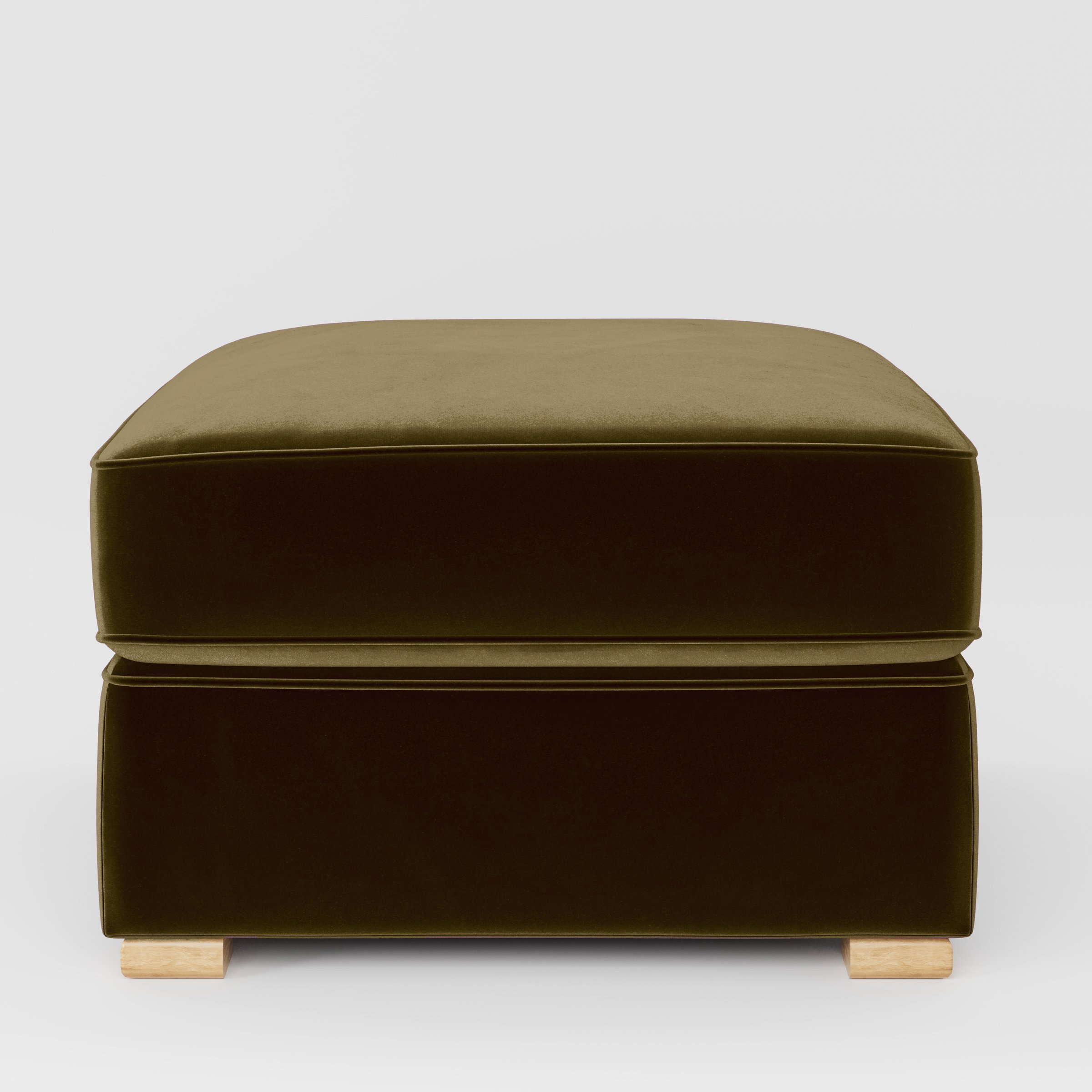 Front view of the Cashel footstool upholstered in Plush EasyClean Velvet in Cedar.