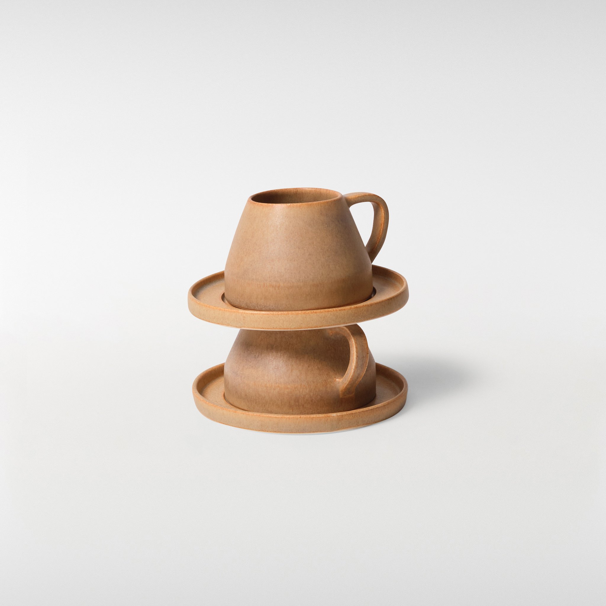 Two Chamfer honey glazed ceramic cup and saucer sets stacked, showcasing architectural form, crisp lines and stackable design