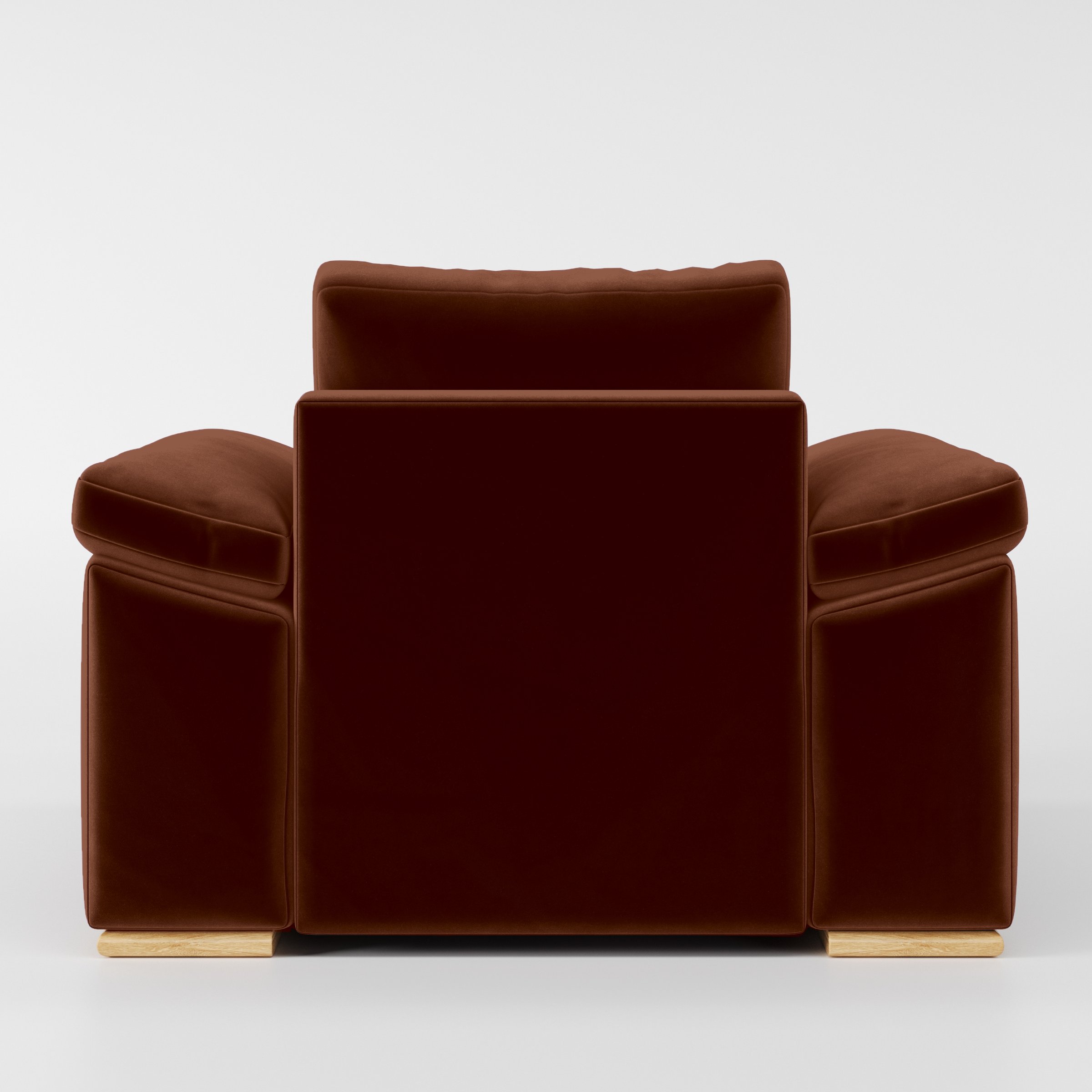 Rear view of the Moy armchair upholstered in Plush EasyClean Velvet in Maple.