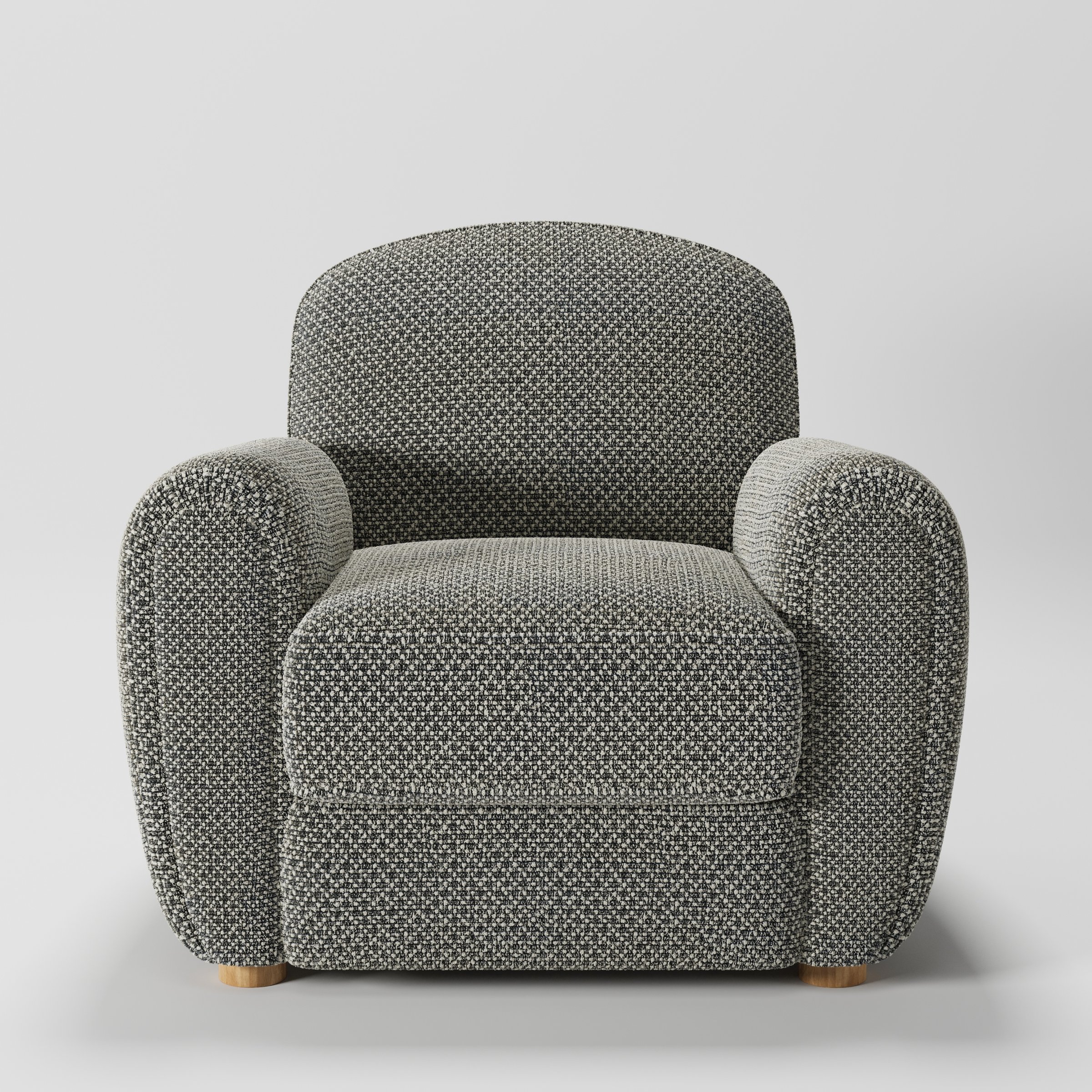 Fergus armchair in Rousay Wool Blend Tar and Chalk shown front-on against a neutral studio backdrop.