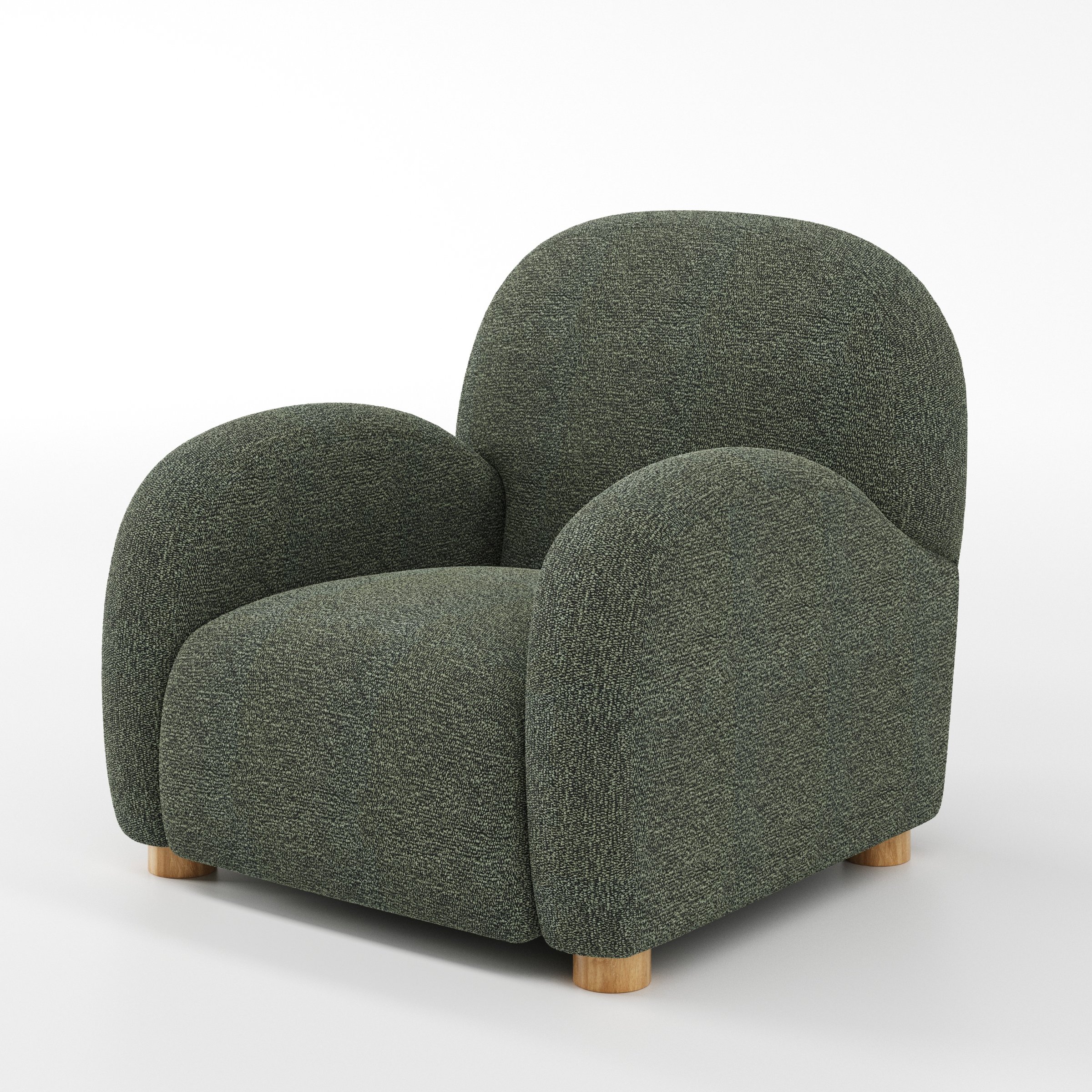 Awe armchair in Kilda Boucle Moss shown at a diagonal angle highlighting arms and seat depth.
