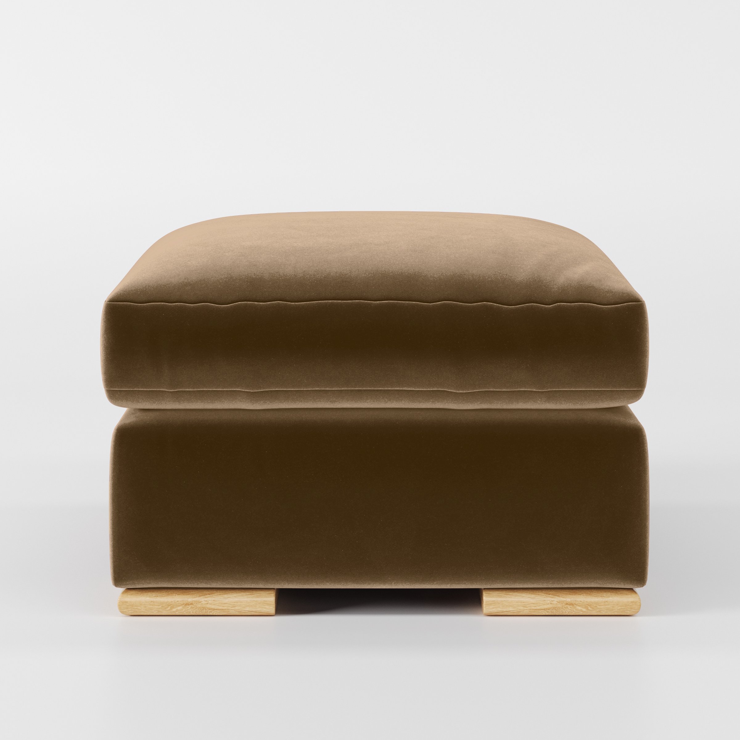 Front view of the Fane footstool upholstered in Plush EasyClean Velvet in Caribou.