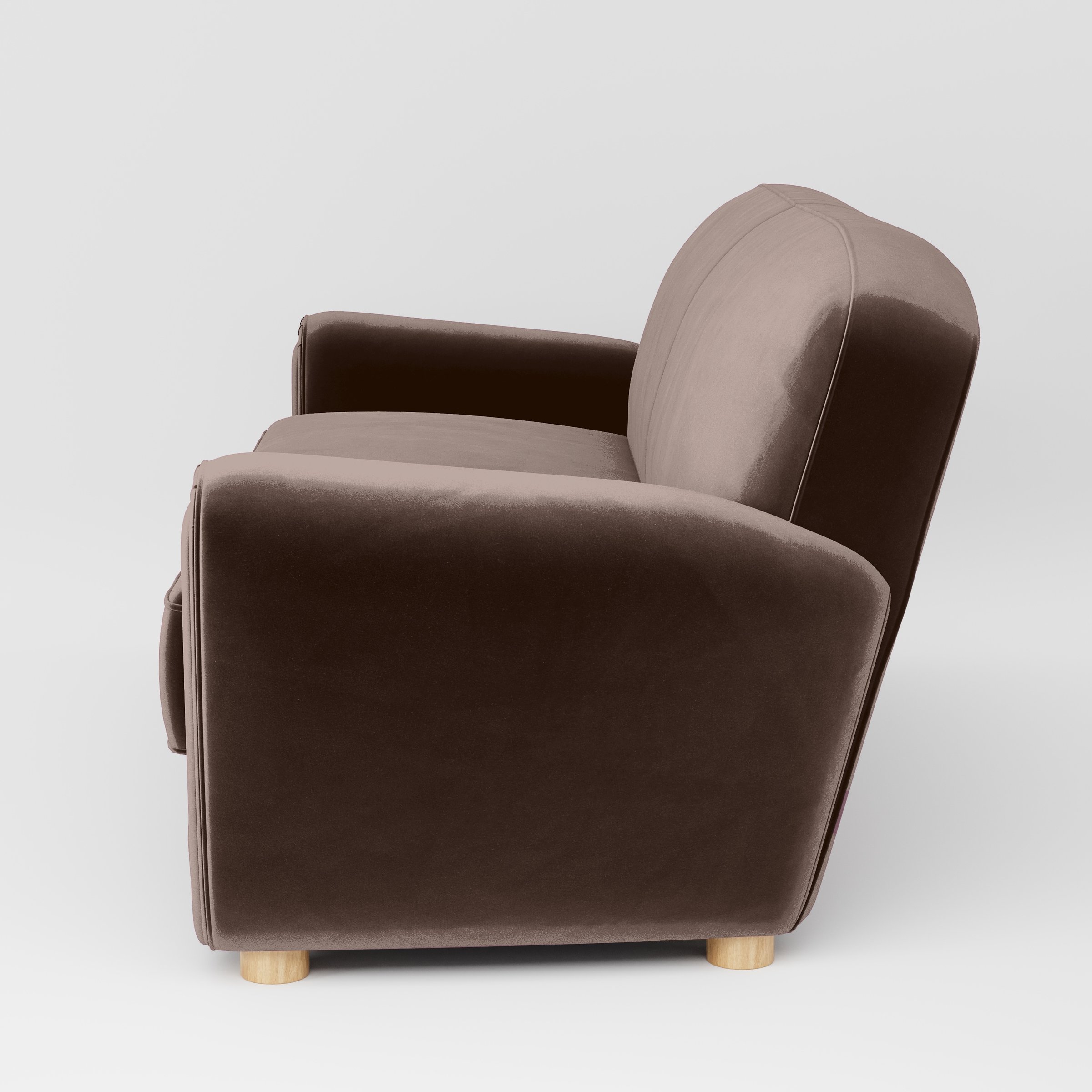 Side view of the Fergus sofa upholstered in Plush EasyClean Velvet in Mole.