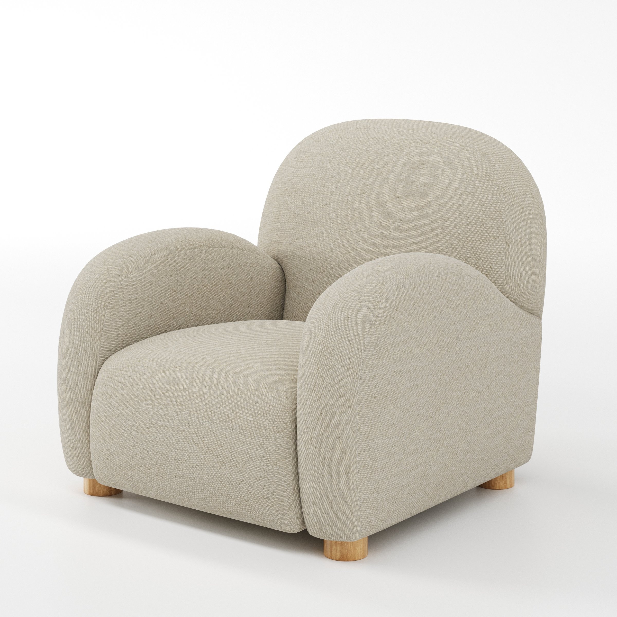 Awe armchair in Alderney Linen Oatmeal shown at a diagonal angle highlighting arms and seat depth.