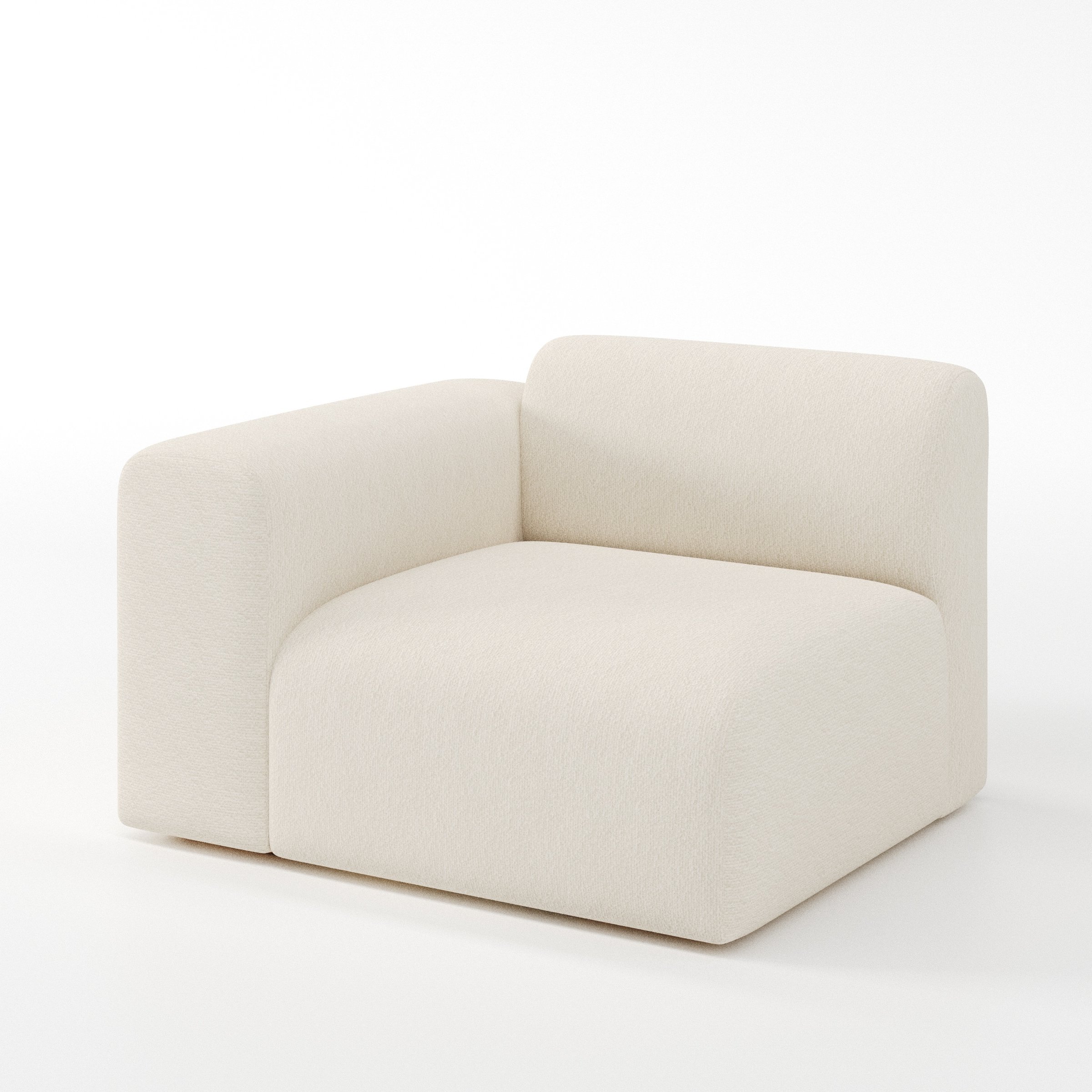 Drumquin modular sofa left side unit in Kilda Bouclé Cream shown at a diagonal angle highlighting the curved left armrest and generous seat depth.