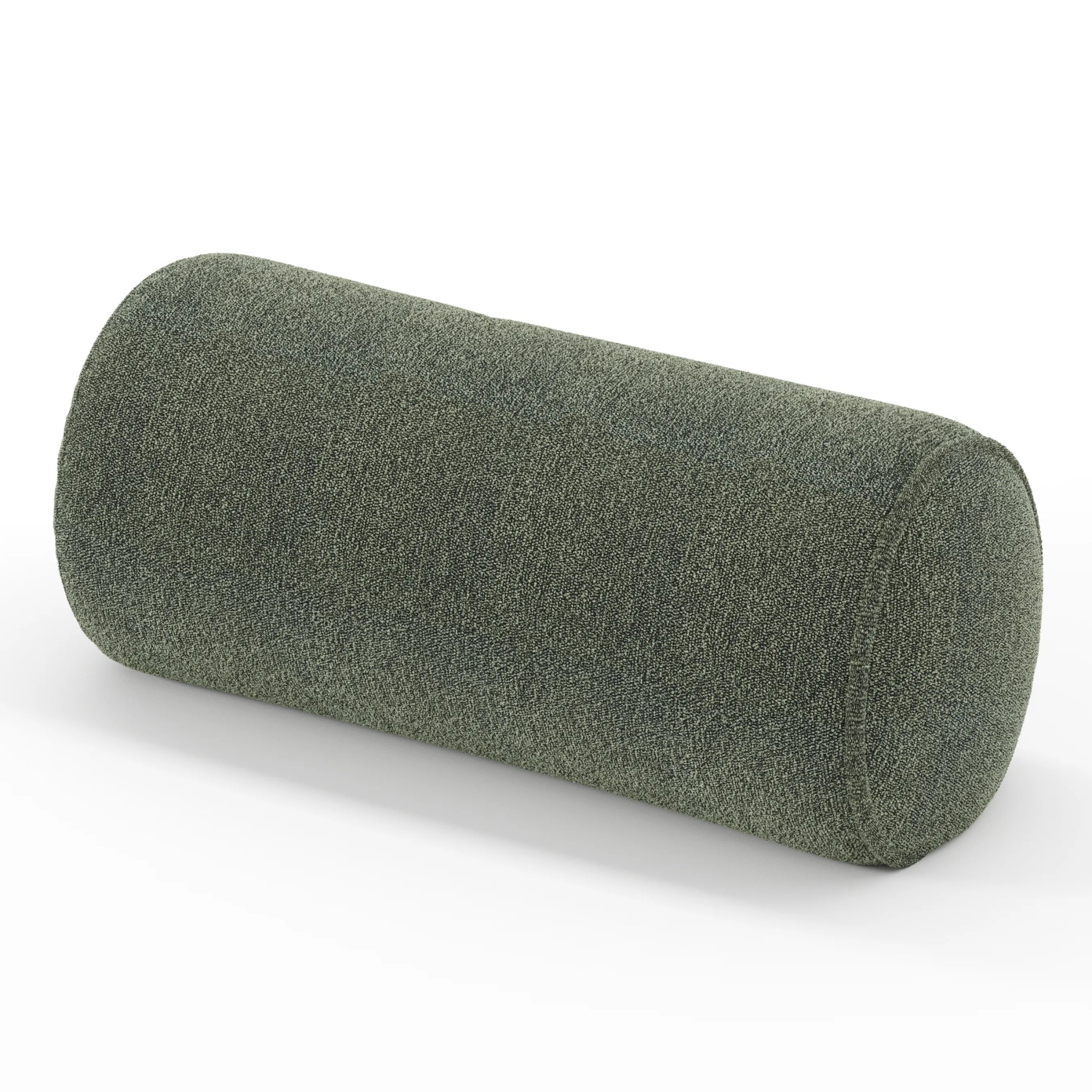 Ledger cushion in Kilda Boucle Moss, cylindrical bolster cushion in textured moss green boucle, size 26cm x 56cm