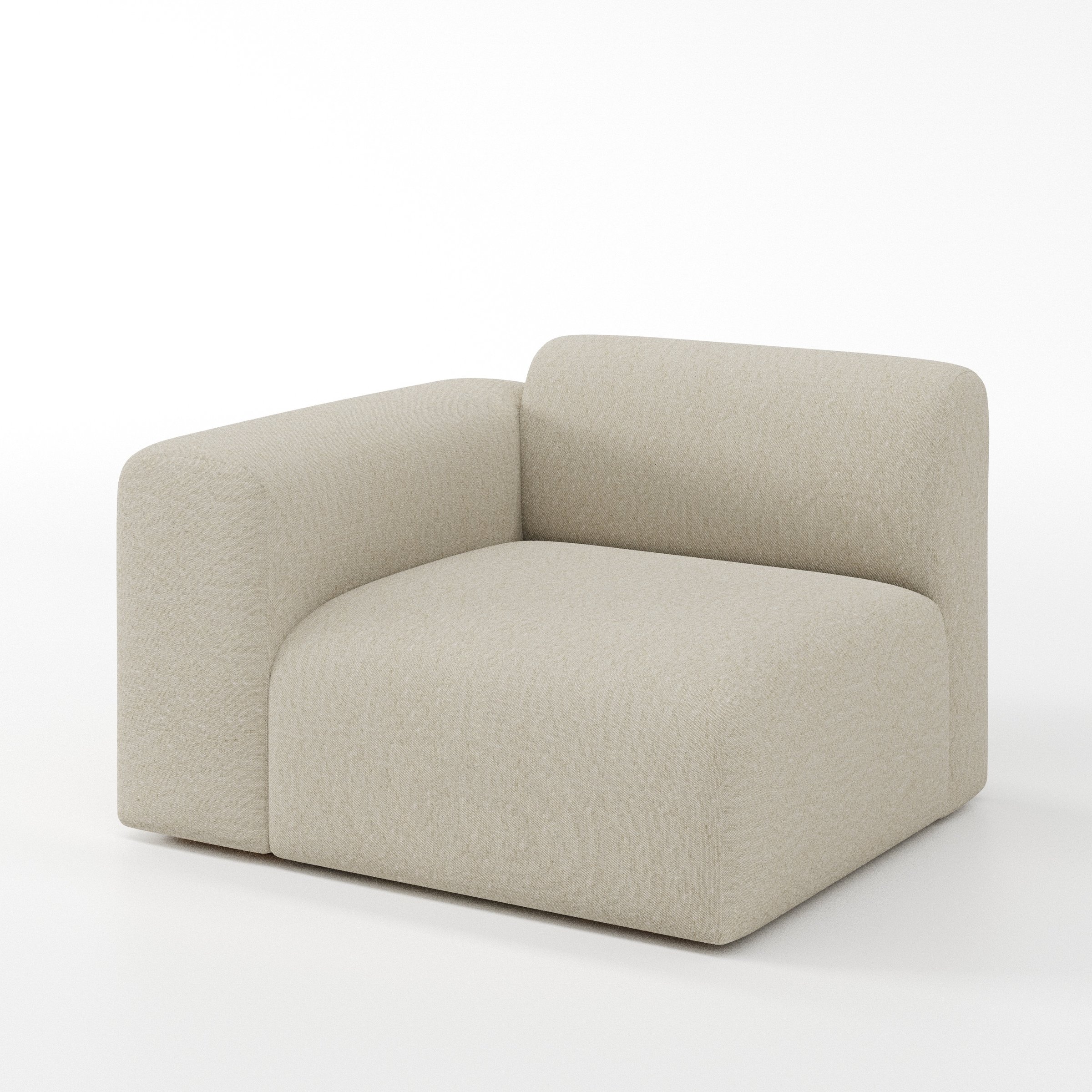 Drumquin modular sofa left side unit in Alderney Linen Oatmeal shown at a diagonal angle highlighting the curved left armrest and generous seat depth.