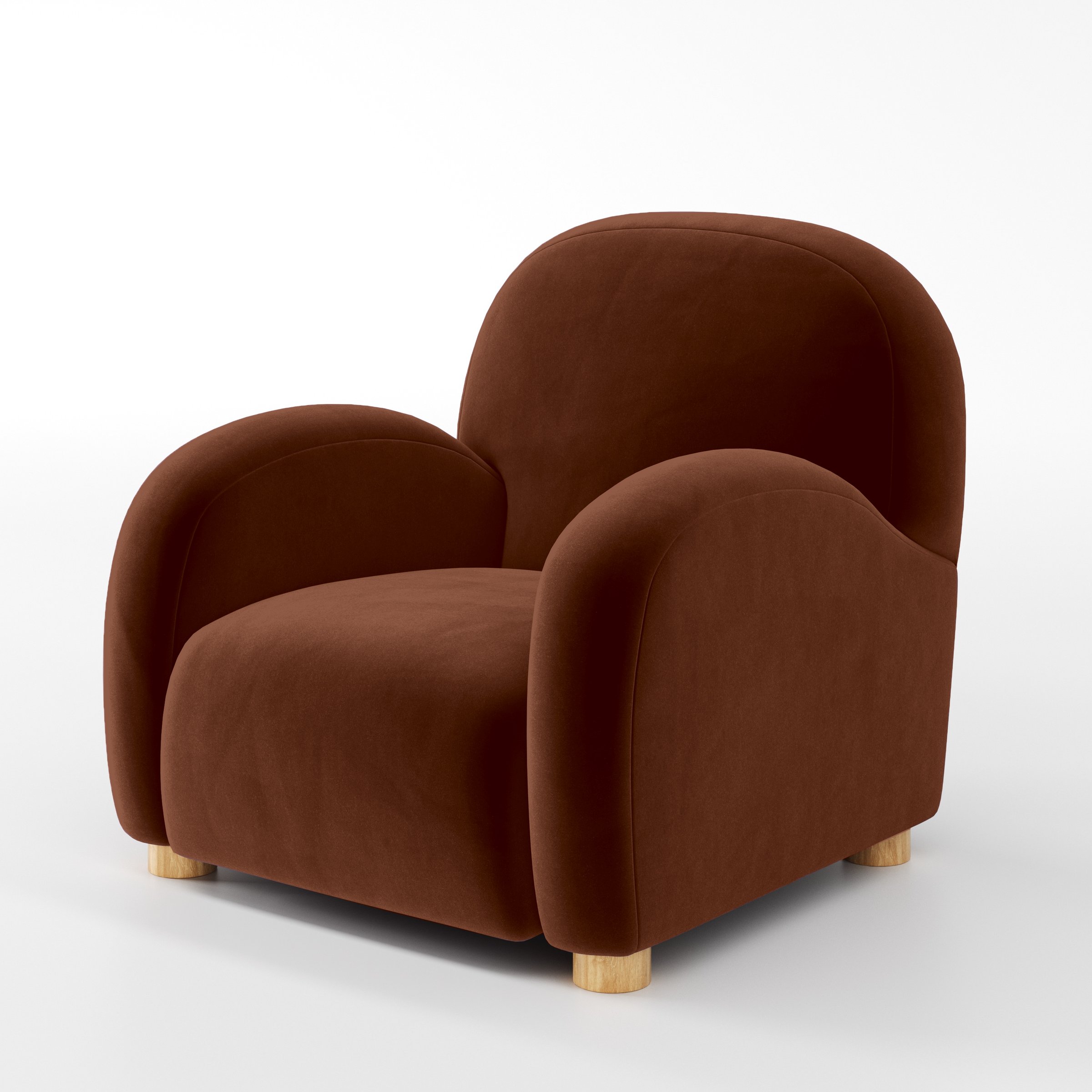 Diagonal view of the Awe armchair upholstered in Plush EasyClean Velvet in Maple.