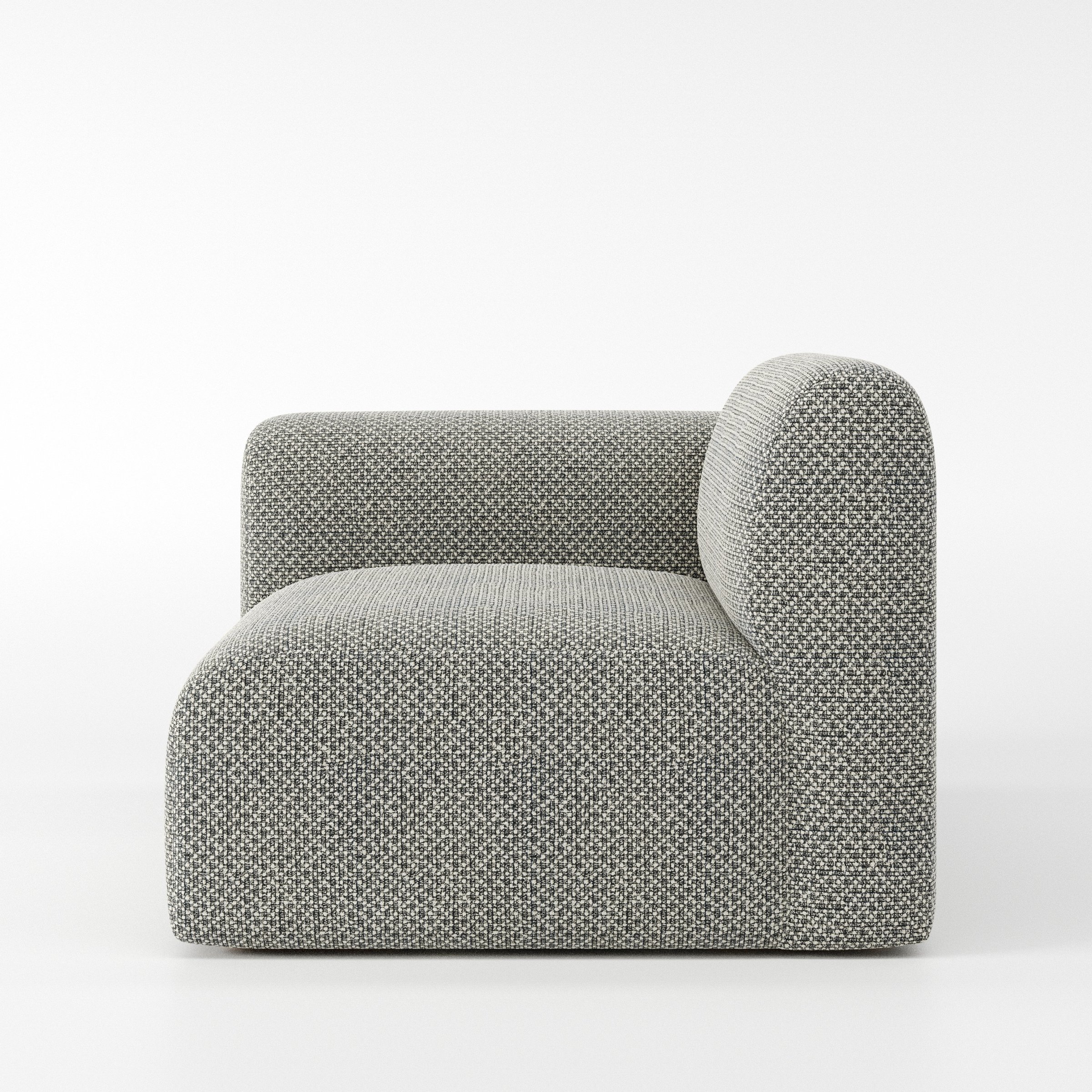 Drumquin modular sofa left side unit in Rousay Wool Blend Tar and Chalk shown from the side showing the rounded left armrest and deep seat profile.