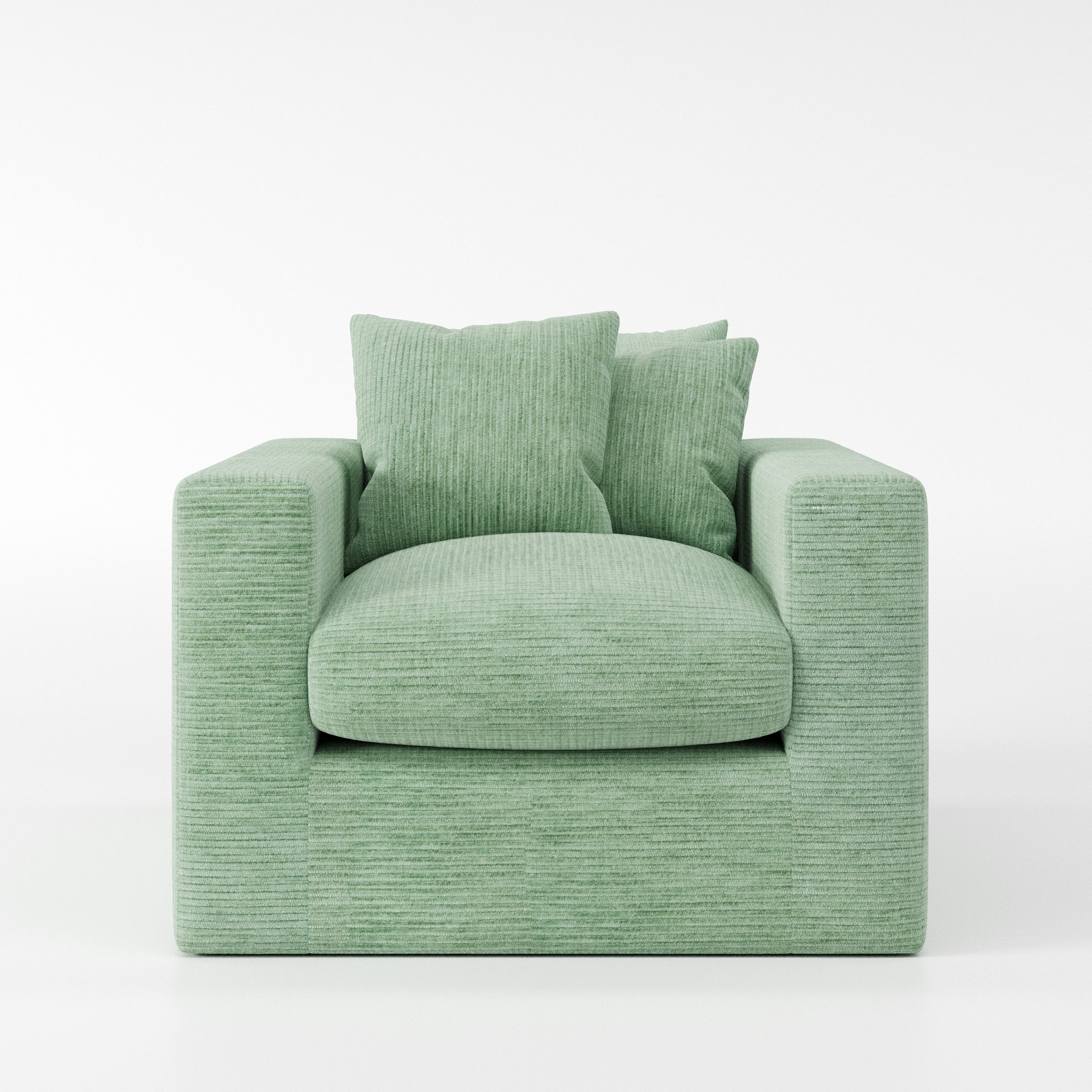 Coniston armchair in Caldey Velvet Corduroy Eucalyptus shown front-on against a neutral studio backdrop.