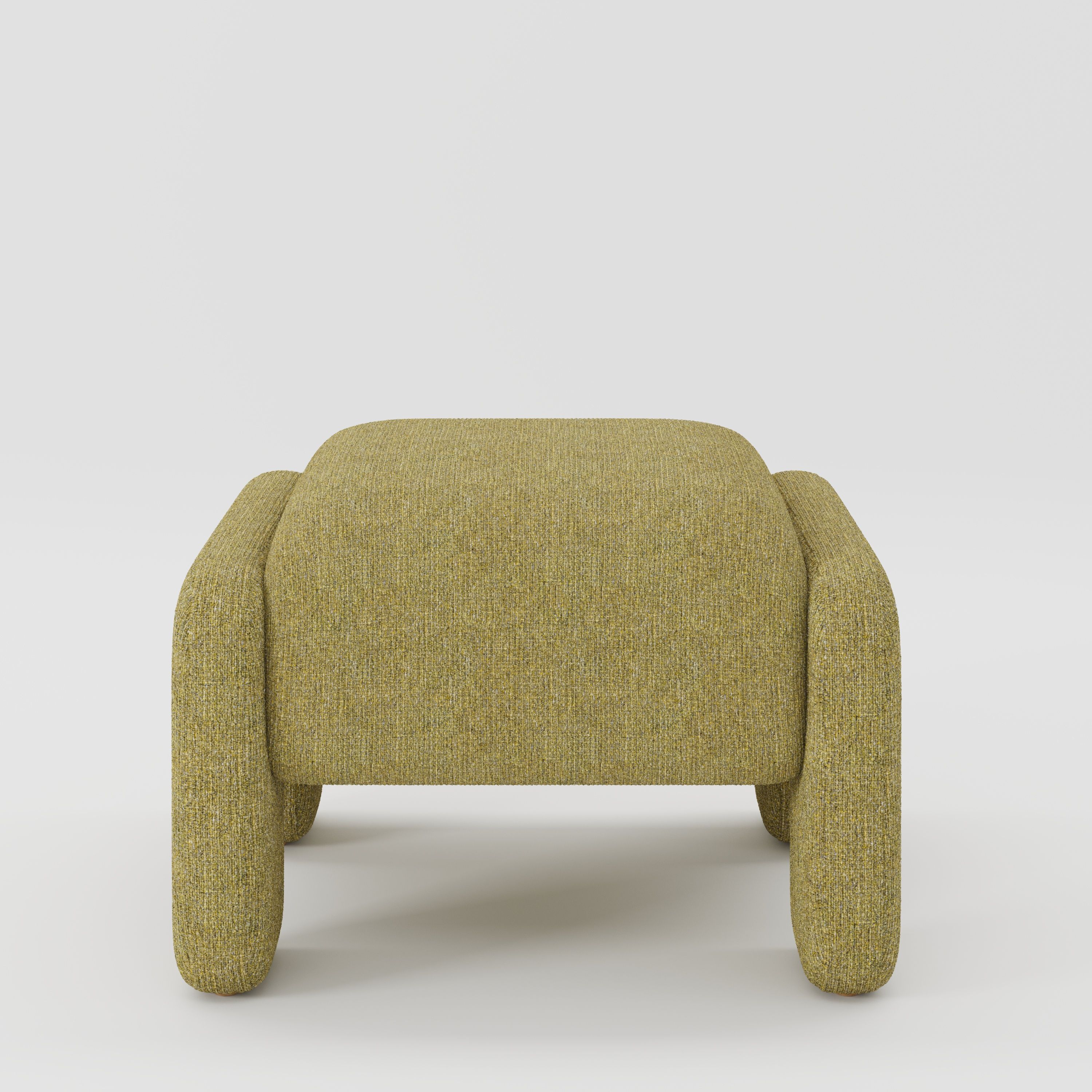 Inny footstool in Heyling tweed sencha fabric, front view showing rounded form and rich woven texture