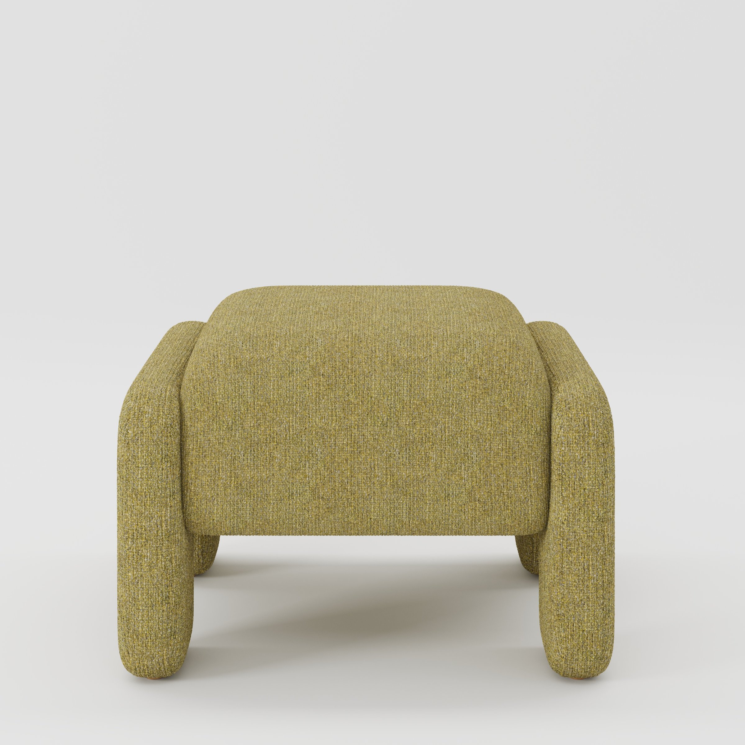 Inny footstool in Heyling tweed sencha fabric, front view showing rounded form and rich woven texture