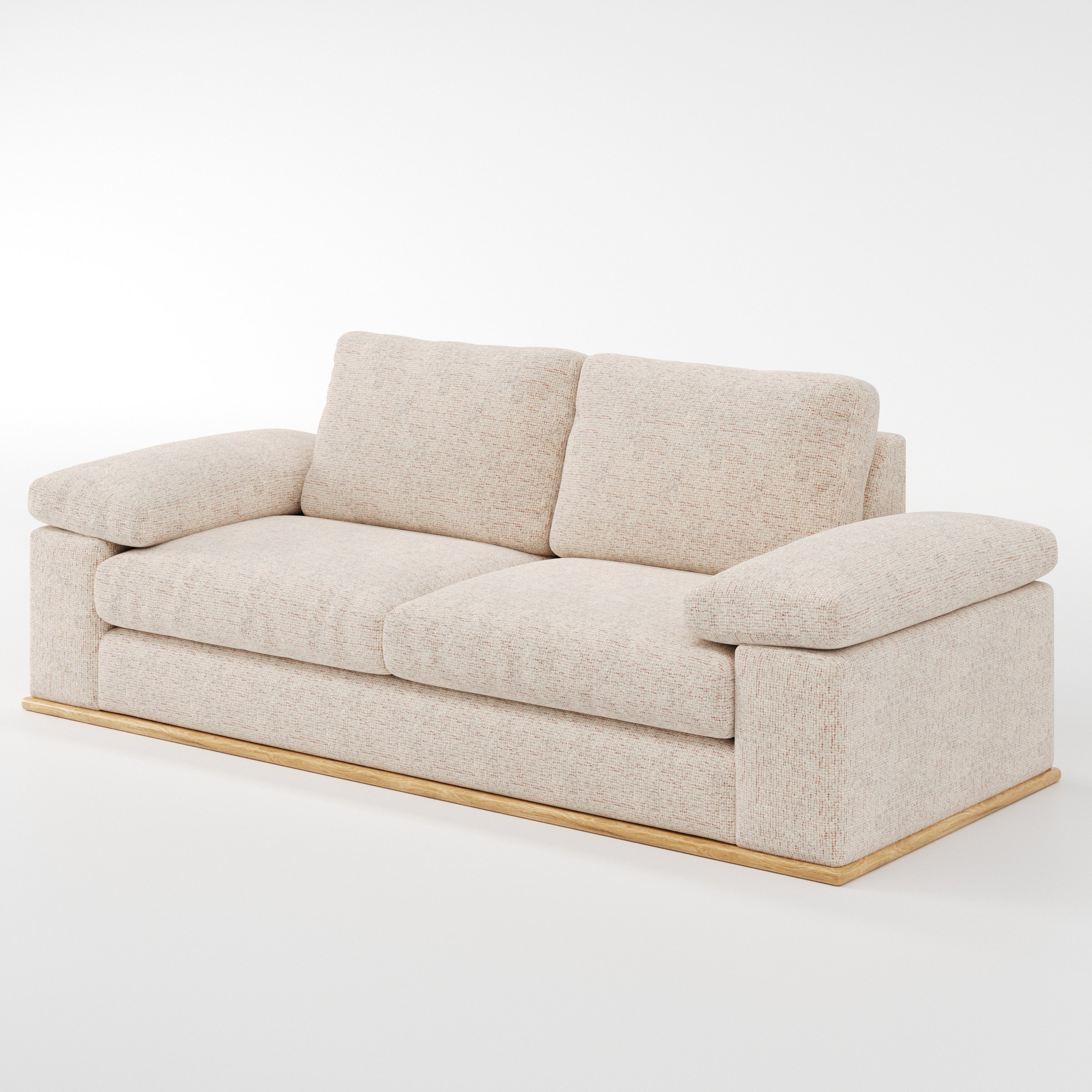 Cusher sofa in Orsay Boucle Cream and Copper shown at a diagonal angle highlighting arm profile and seat depth.