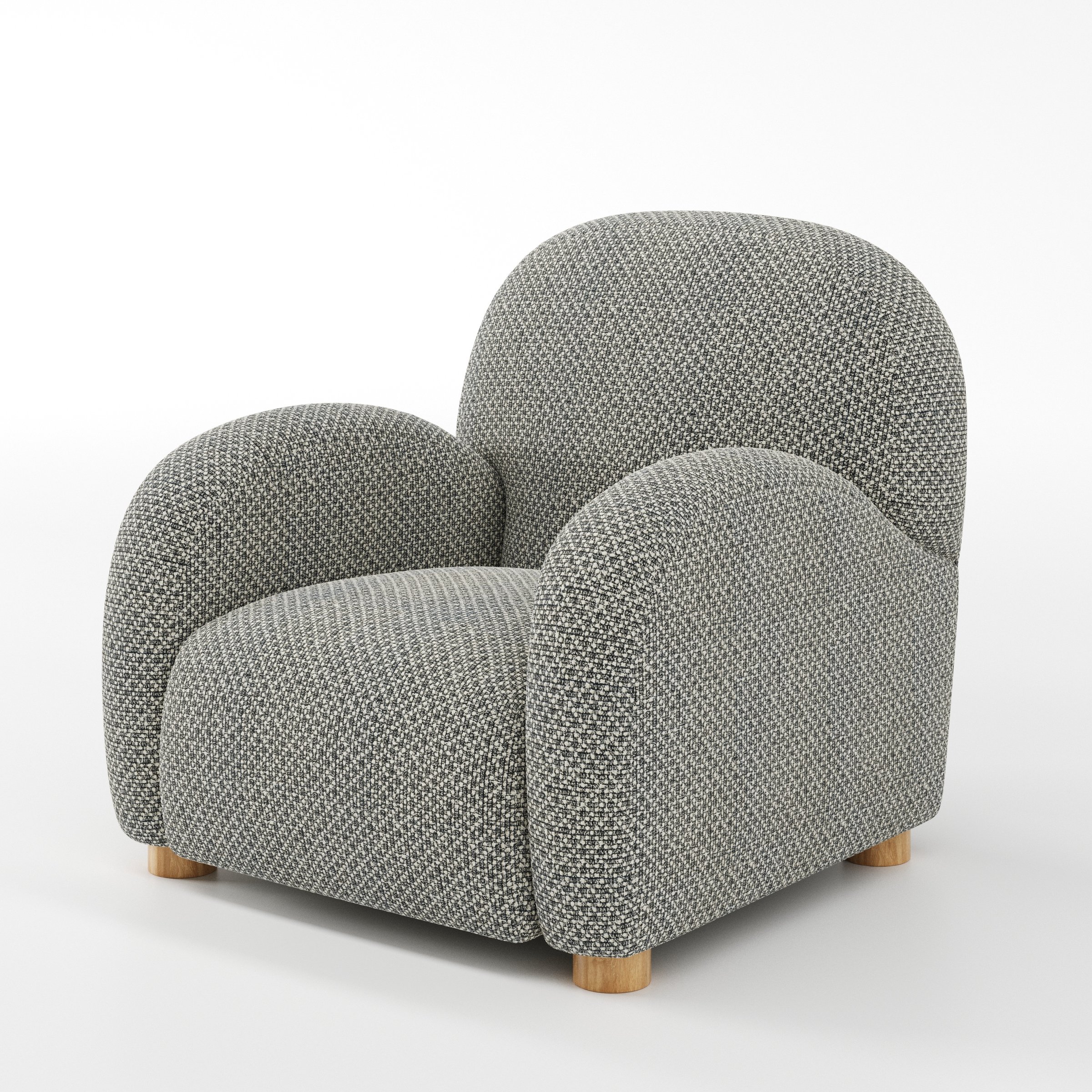 Awe armchair in Rousay Wool Blend Tar and Chalk shown at a diagonal angle highlighting arms and seat depth.