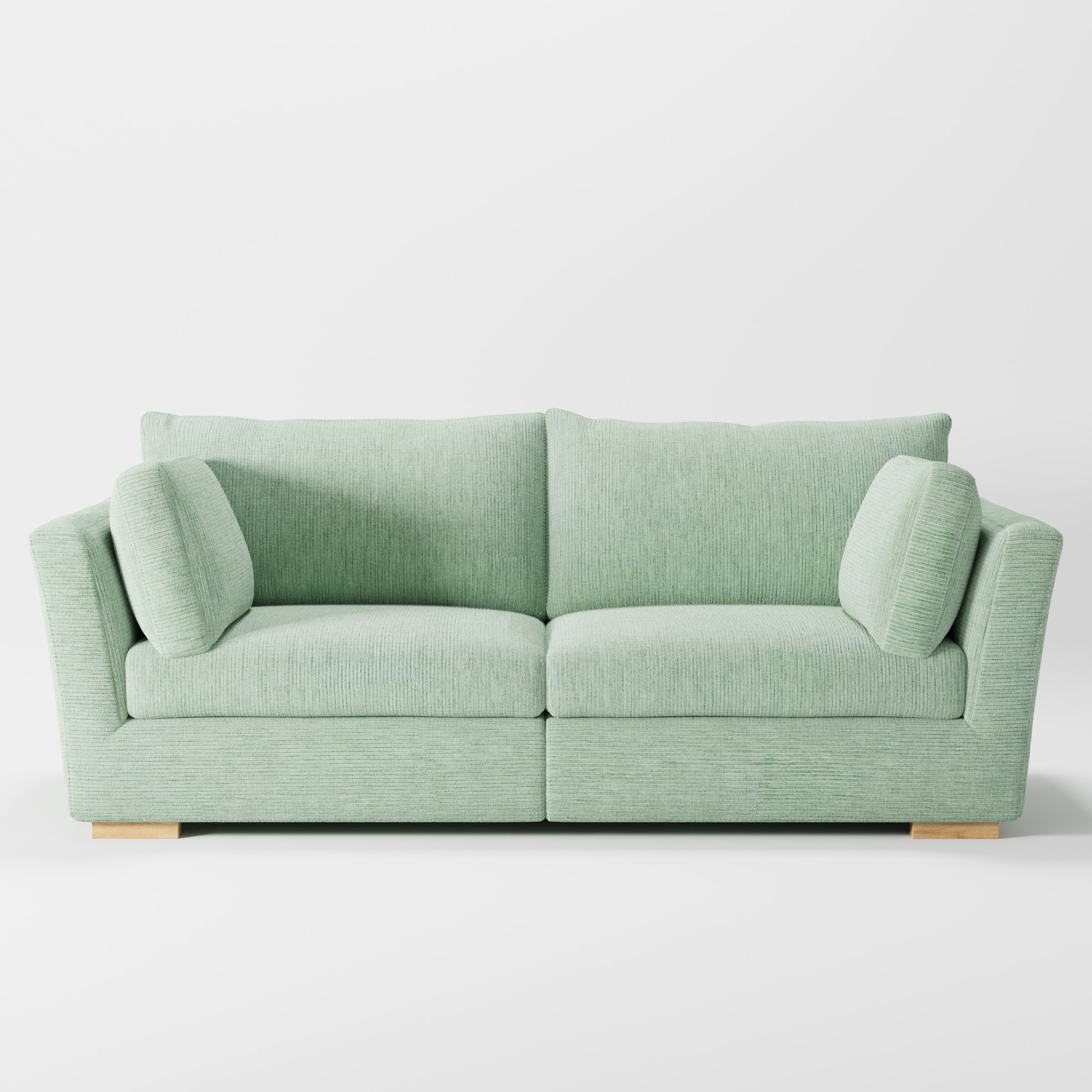 Stowe sofa in Caldey Velvet Corduroy Eucalyptus shown front-on against a neutral studio backdrop.