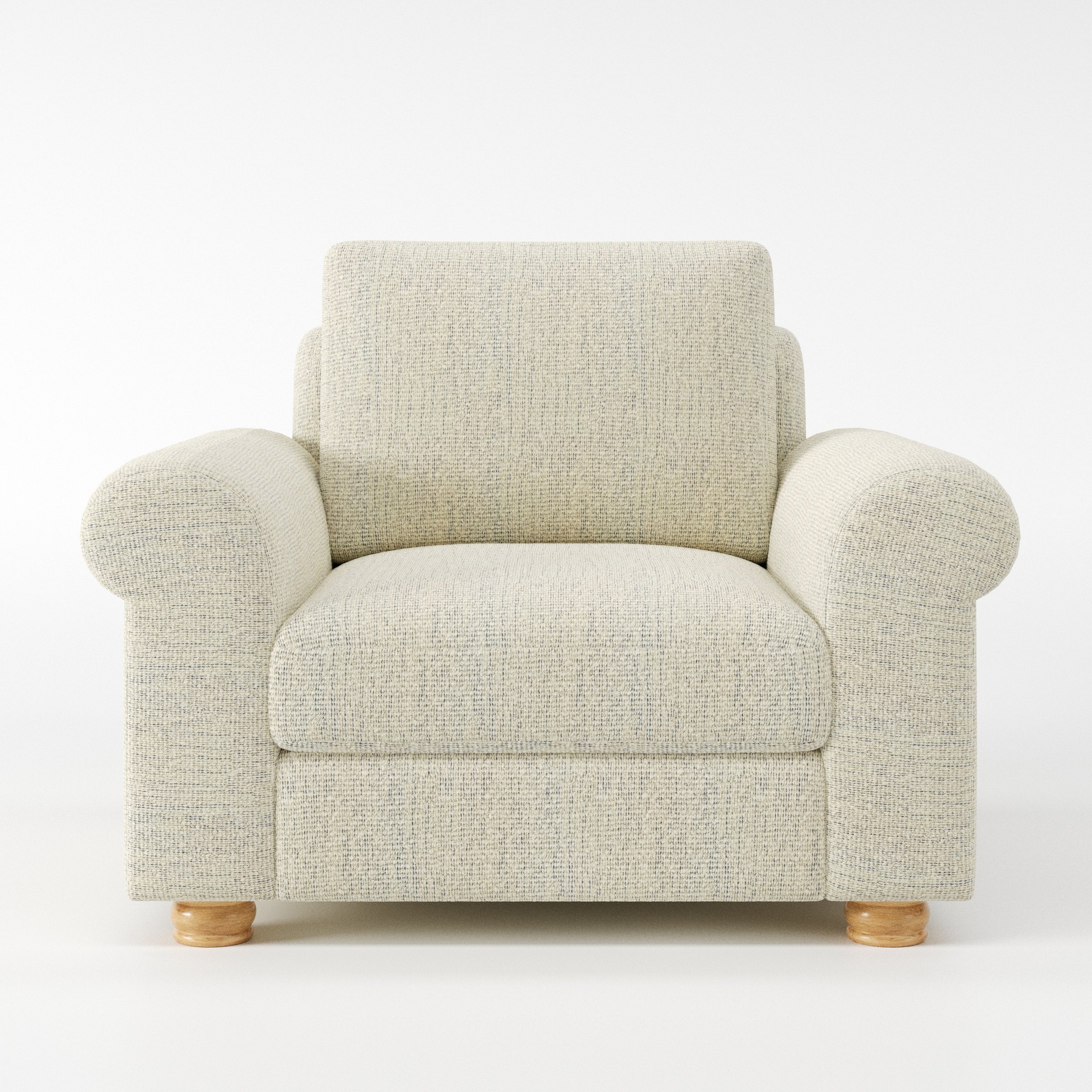 Anna Lee armchair in Orsay Boucle Cream and Marine shown front-on against a neutral studio backdrop.