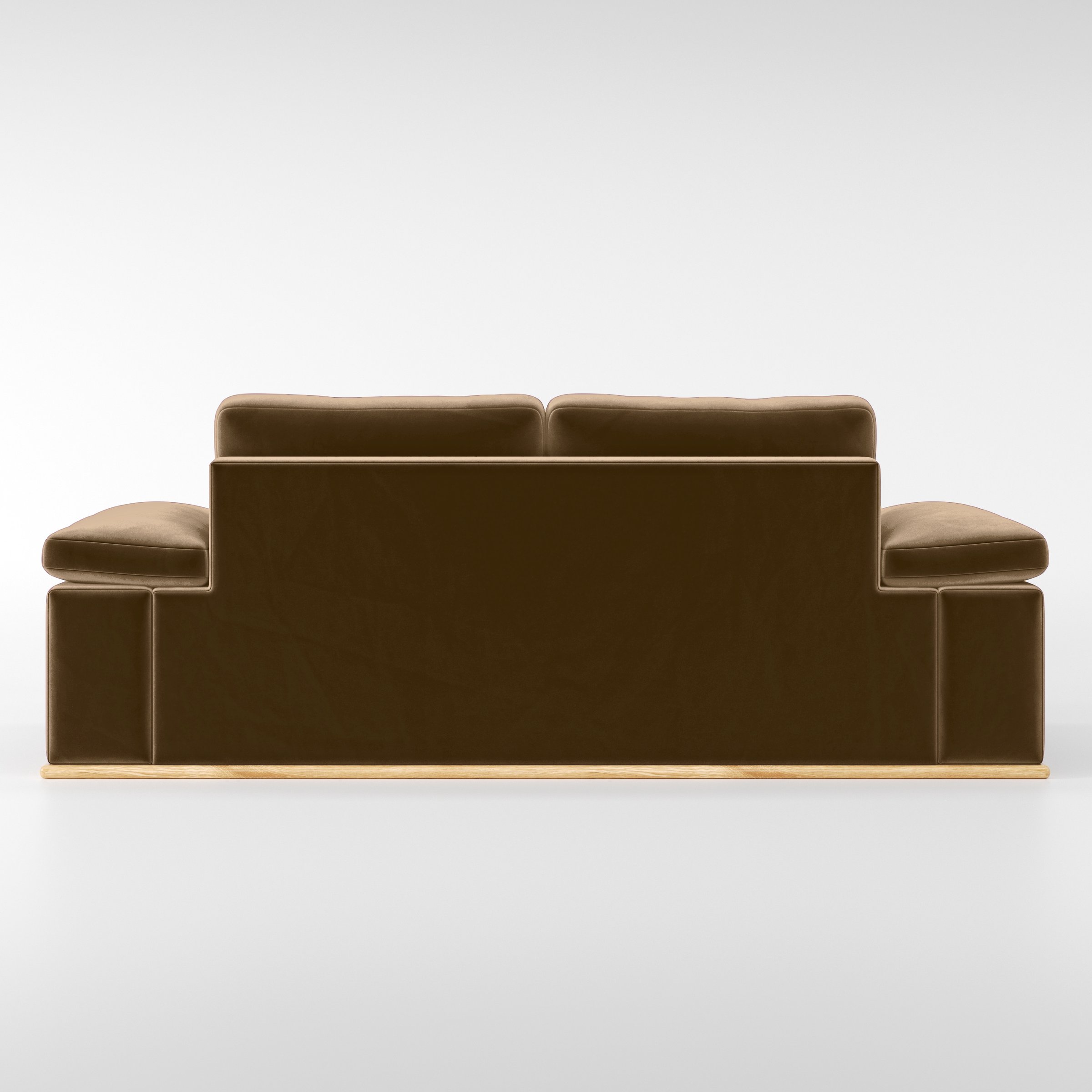 Rear view of the Cusher sofa upholstered in Plush EasyClean Velvet in Caribou.
