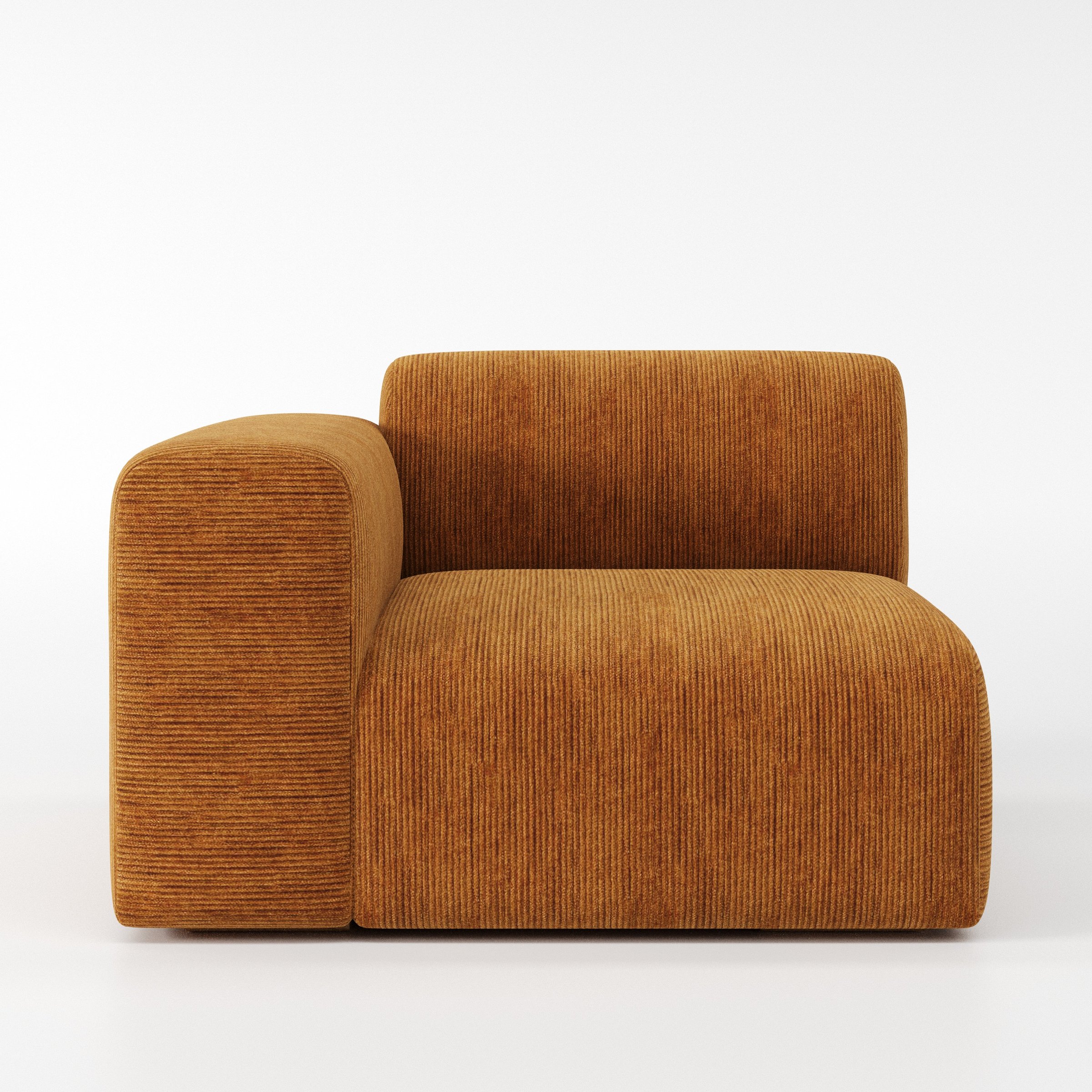 Drumquin modular sofa left side unit in Caldey Velvet Corduroy Tobacco shown from the front with a low, deep seat and a rounded left armrest.