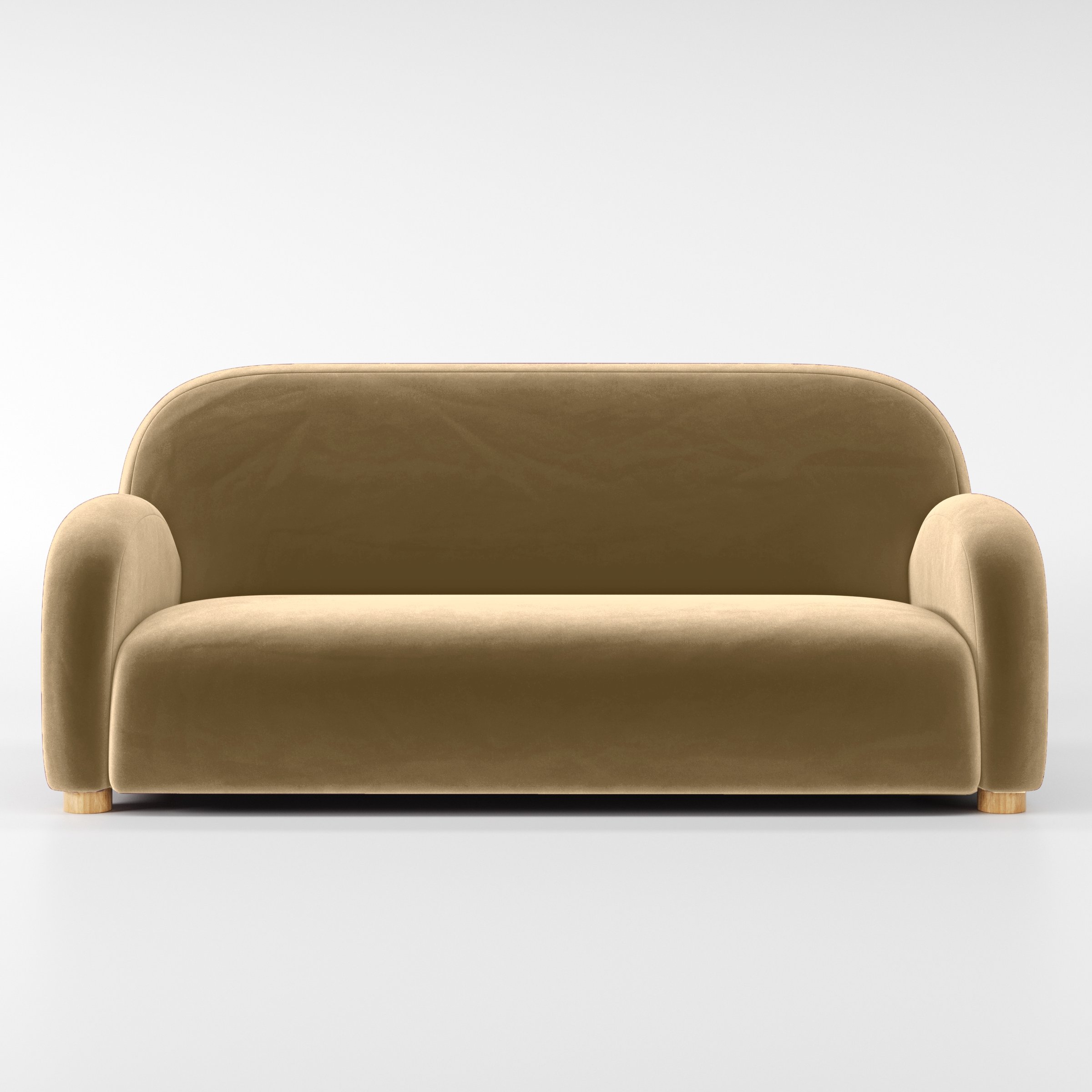 Front view of the Awe sofa upholstered in Plush EasyClean Velvet in Cafe.