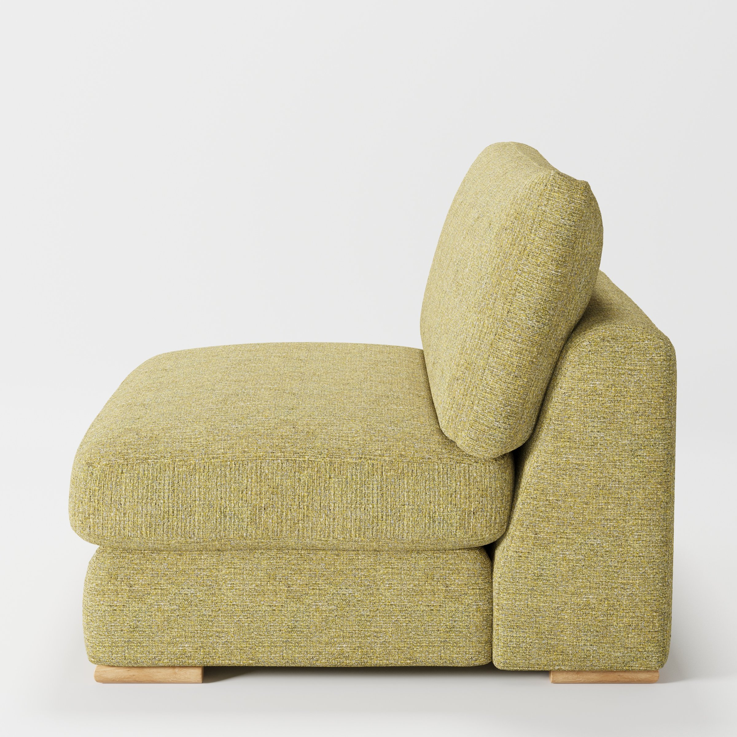 Olton single sofa unit in Heyling Tweed Sencha shown from the side showing the layered seat cushion and angled back cushion with timber feet.