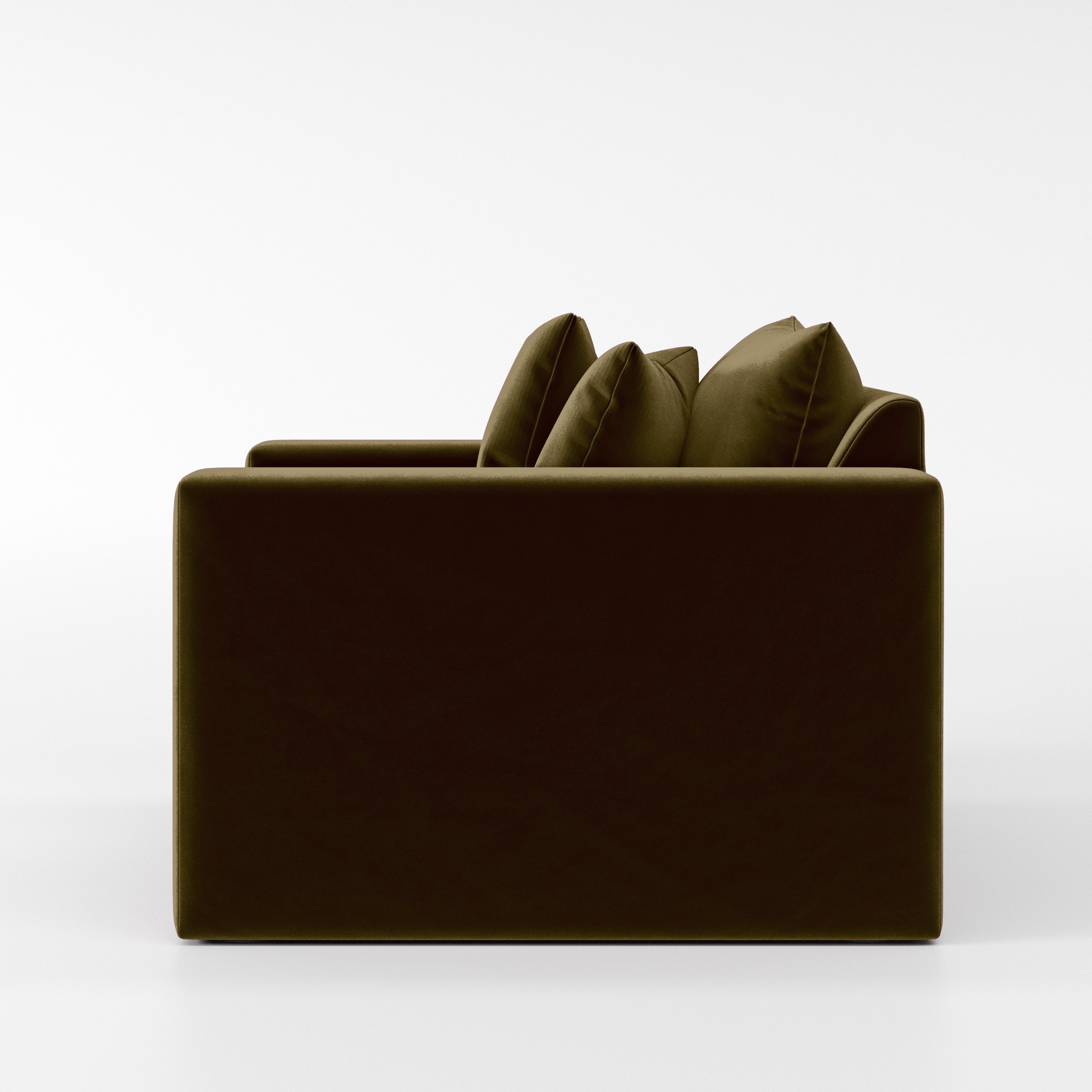 Side view of the Coniston armchair upholstered in Plush EasyClean Velvet in Cedar.