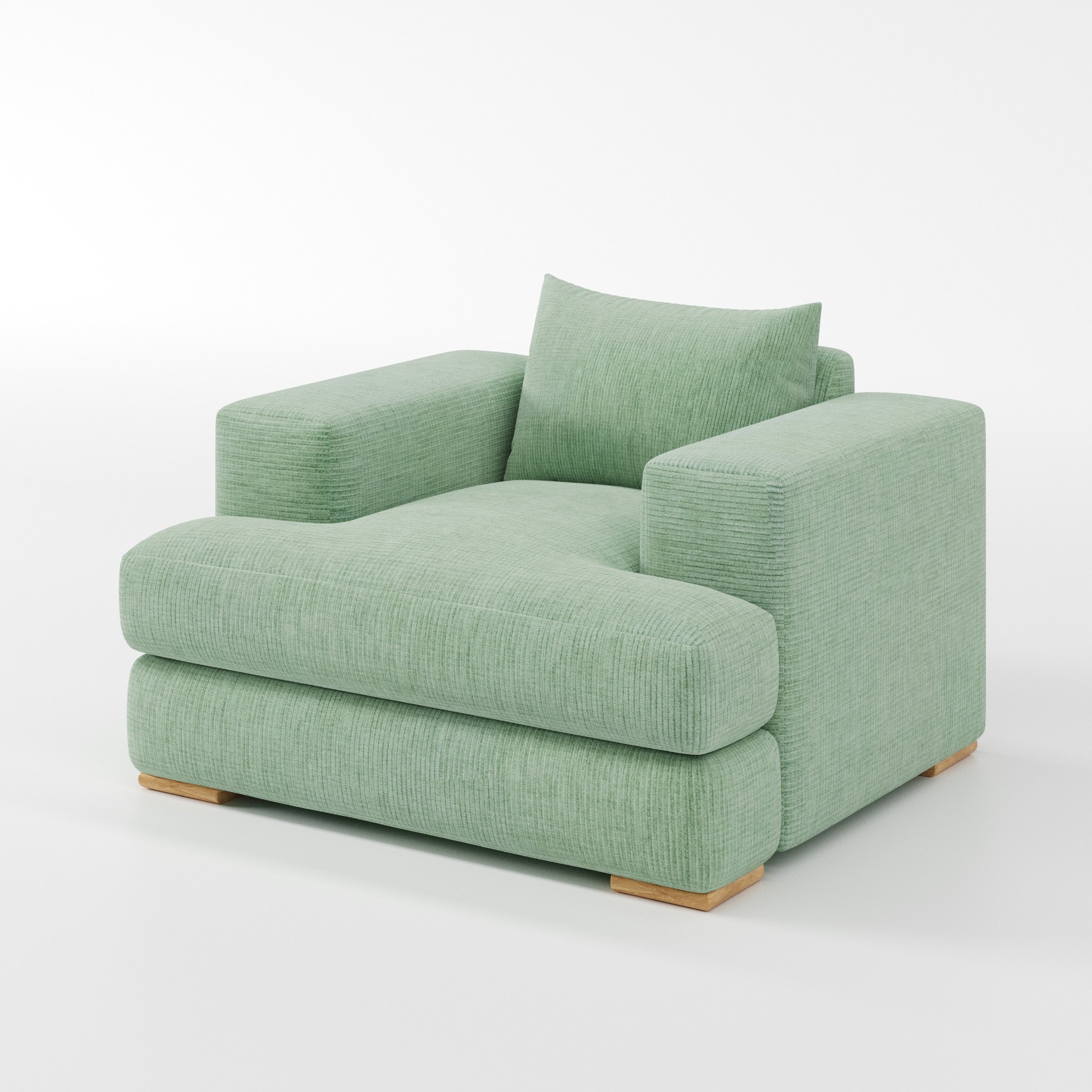 Fane armchair in Caldey Velvet Corduroy Eucalyptus shown at a diagonal angle highlighting arms and seat depth.